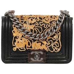 CHANEL Mini Boy in Black Leather, Gold Lace and Black Pearls
