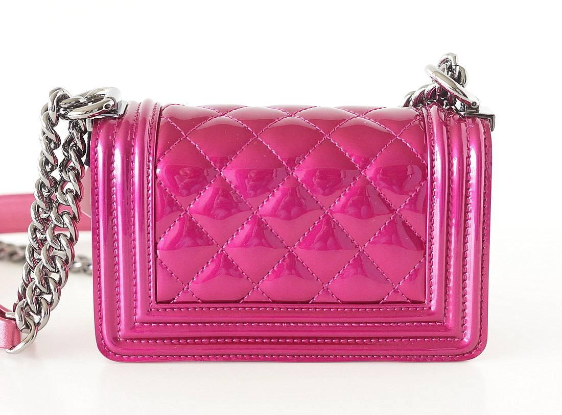Pink Chanel Mini Boy Metallic Patent Fuchsia Crossbody Bag 