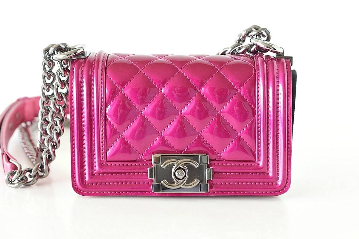 Women's Chanel Mini Boy Metallic Patent Fuchsia Crossbody Bag 