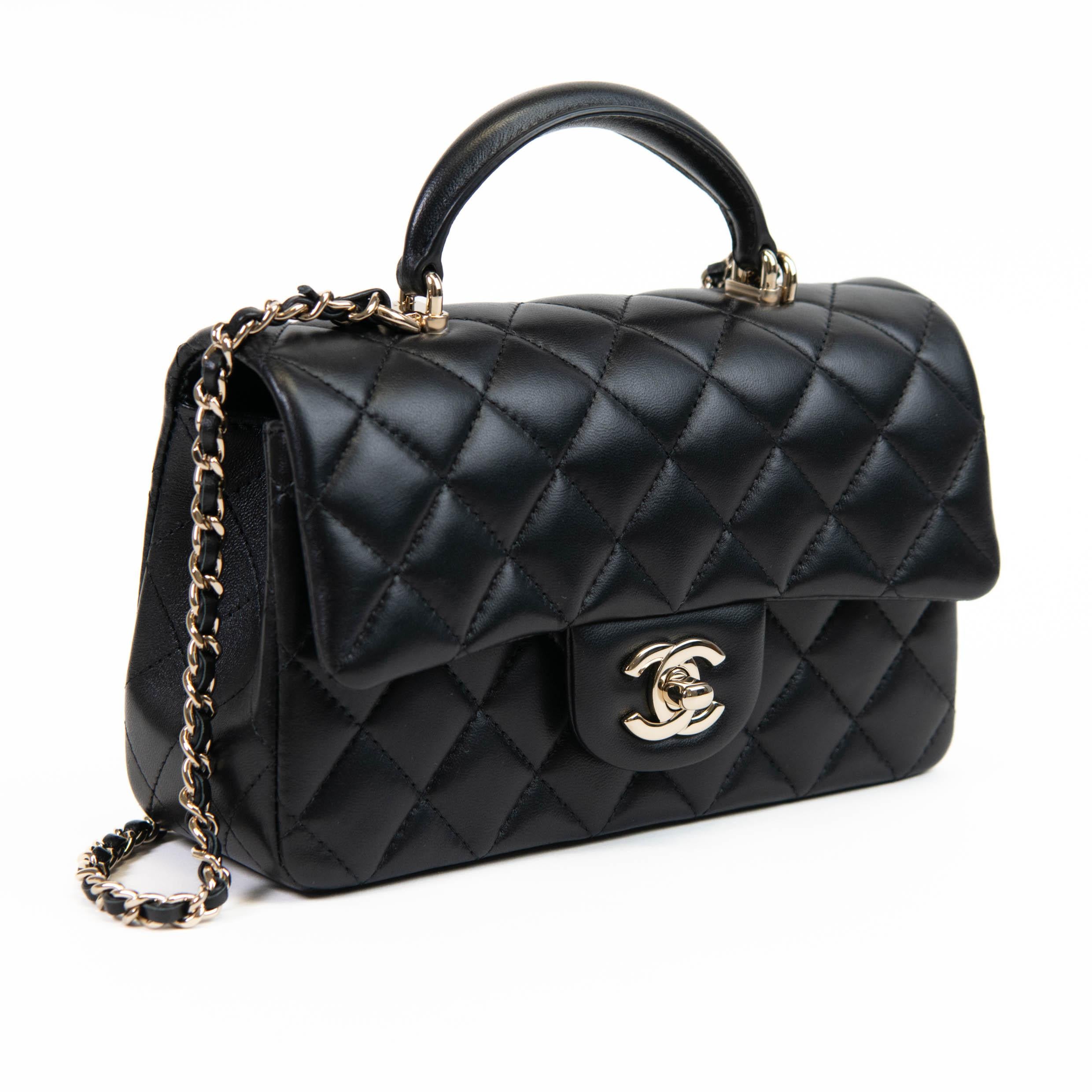 100% Authentic

This mini rectangular flap bag is in black lambskin with light gold hardware and has a front flap with signature CC Turn lock closure, rear half moon pocket and single interwoven black leather and light gold tone chain link