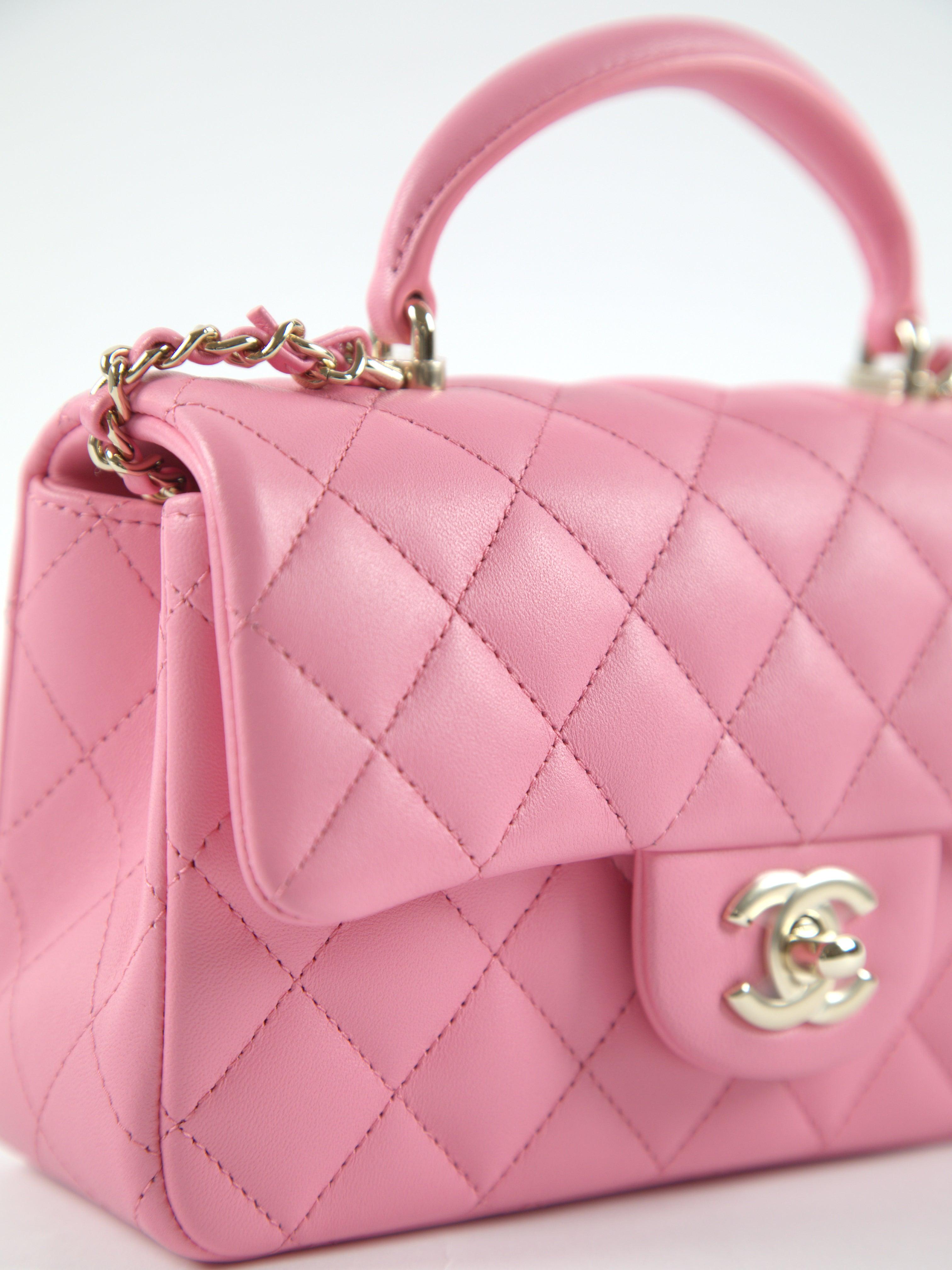 CHANEL MINI CLASSIC RECTANGULAR FLAP BAG PINK Lambskin Leather with Gold-Tone Ha In Excellent Condition In London, GB