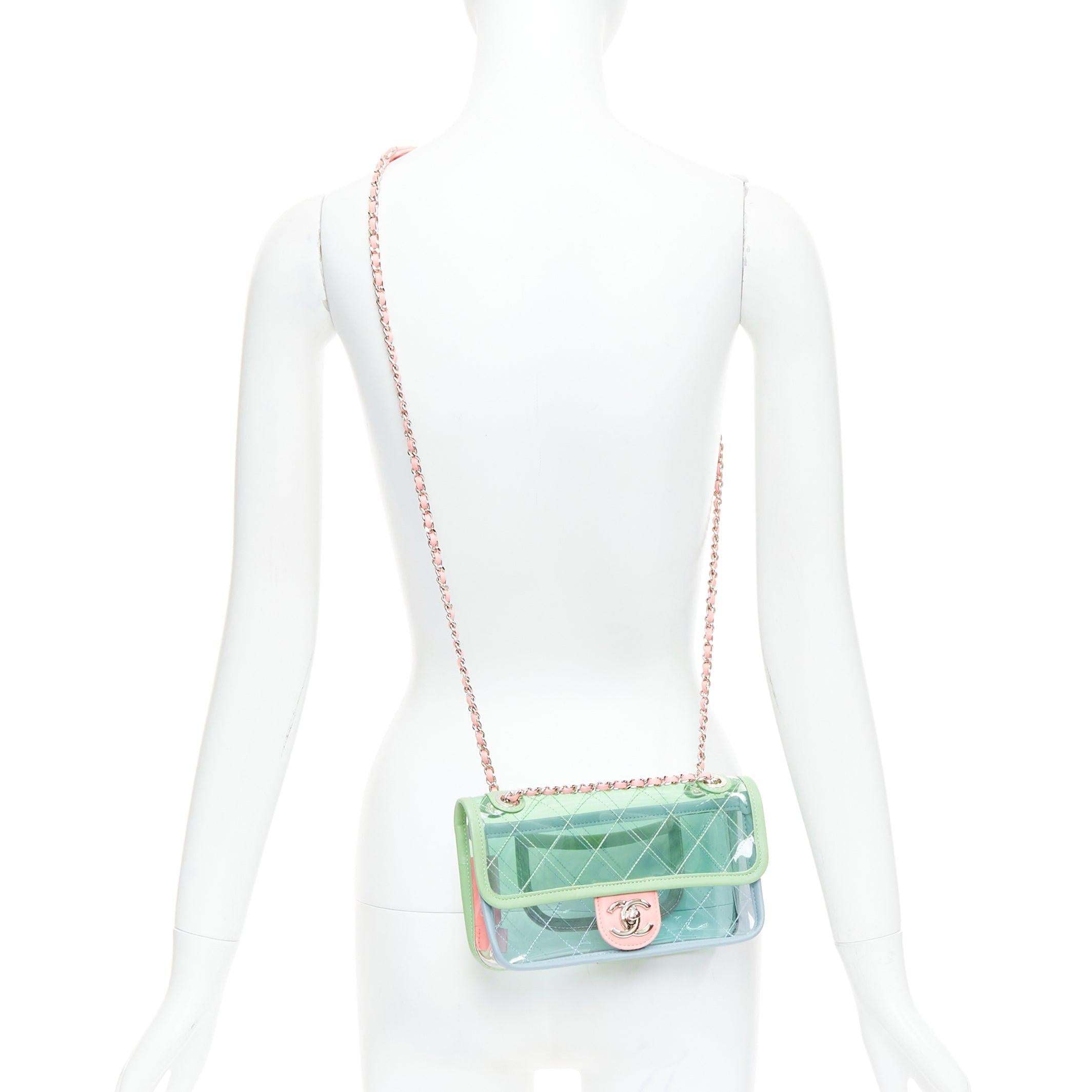 CHANEL Mini Coco Splash Runway pastel PVC flap crossbody bag
Reference: LNKO/A02469
Brand: Chanel
Designer: Karl Lagerfeld
Model: Coco Splash
Material: PVC, Leather
Color: Pink, Clear
Pattern: Solid
Closure: Turnlock
Extra Details: CHANEL Lambskin