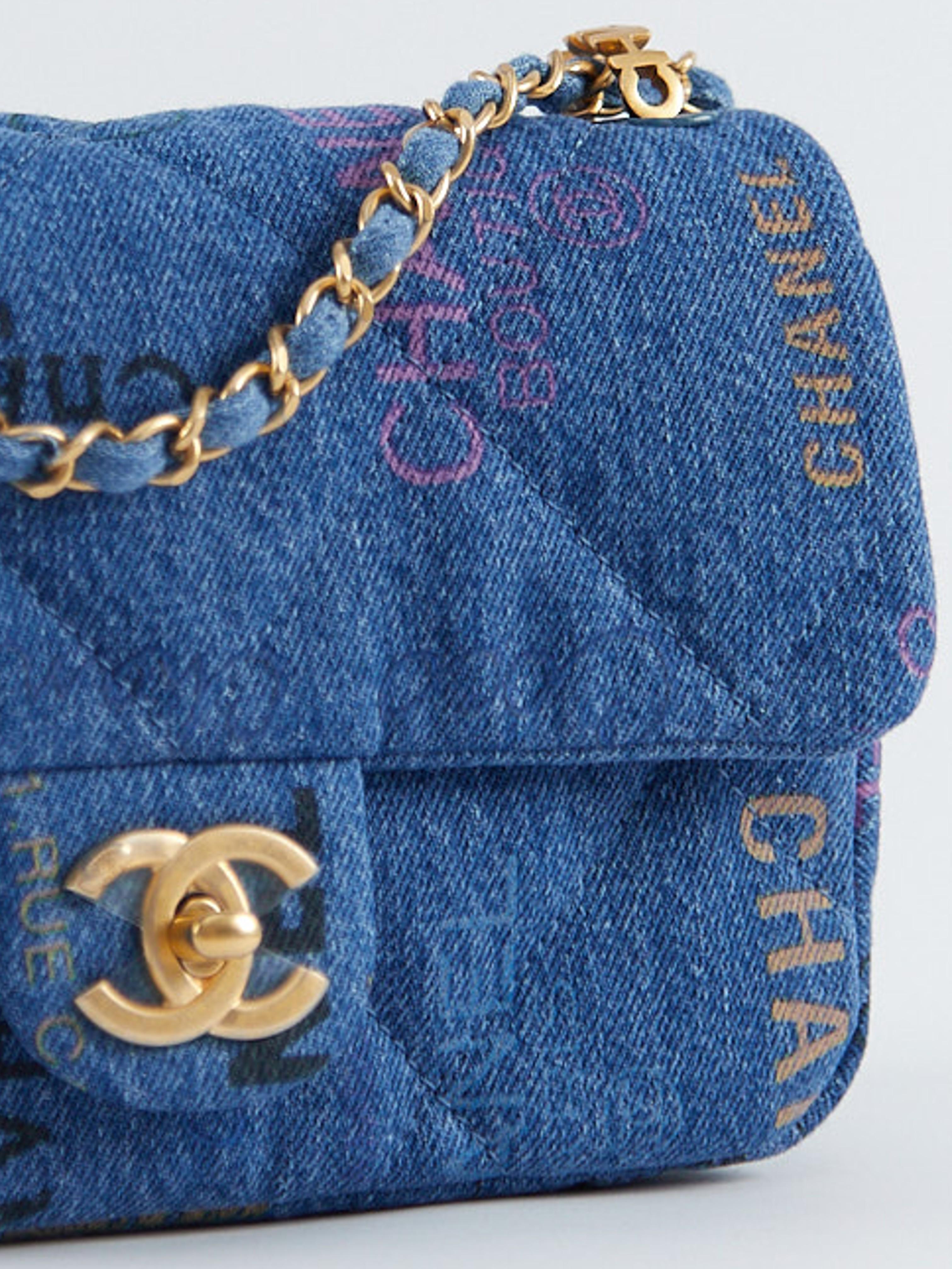 CHANEL MINI DENIM RECTANGLE SIGNATURE PRINT FLAP BAG Blue with Gold