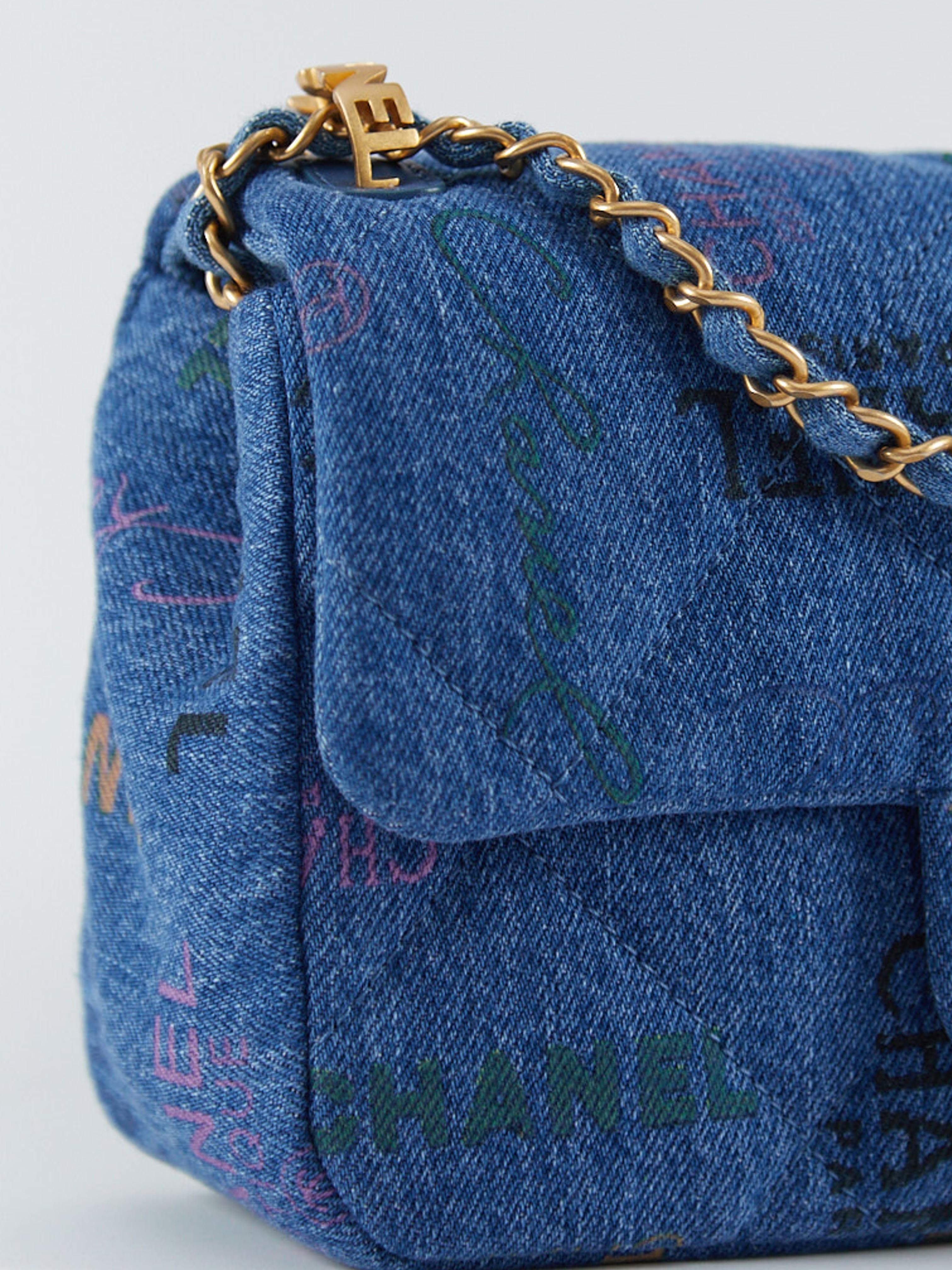CHANEL MINI DENIM RECTANGLE SIGNATURE PRINT FLAP BAG Blue with Gold