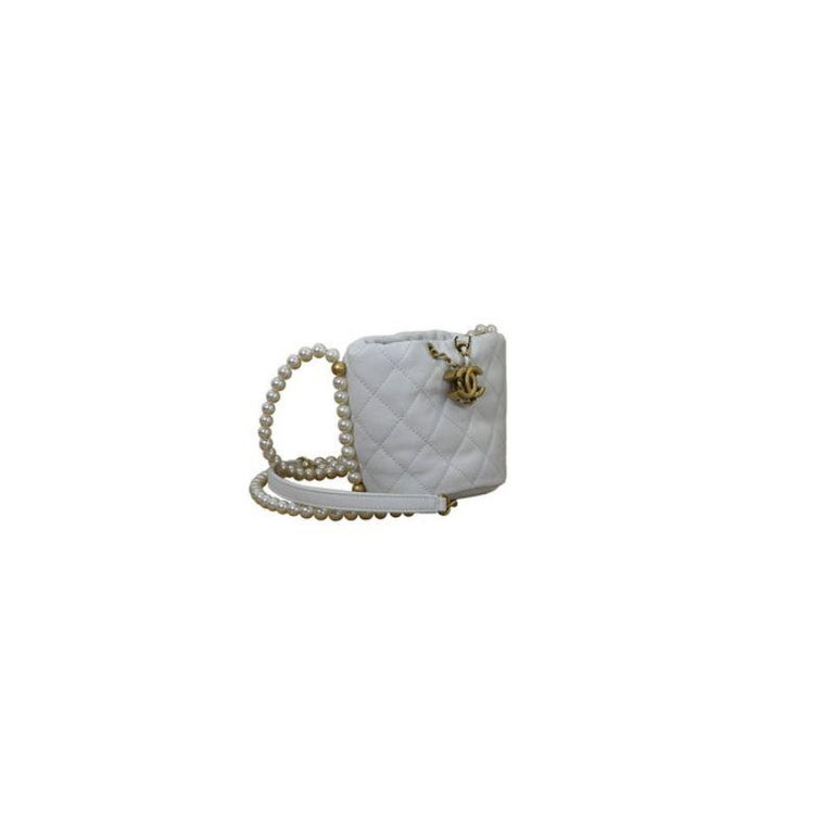 Chanel Mini Drawstring Bag Calfskin Pearl with Gold Metal White For