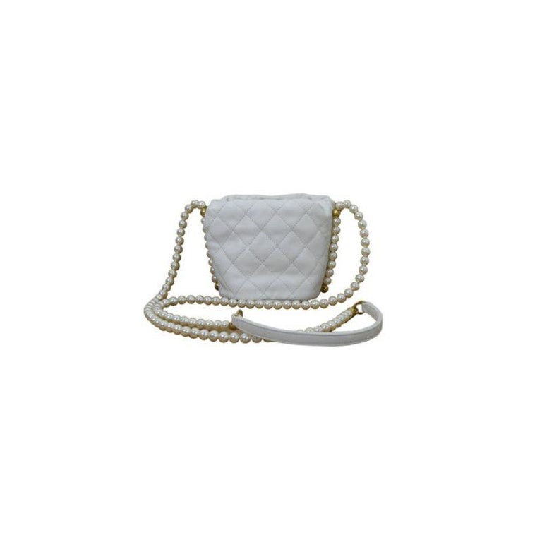 Chanel Mini Drawstring Bag Calfskin Pearl with Gold Metal White For