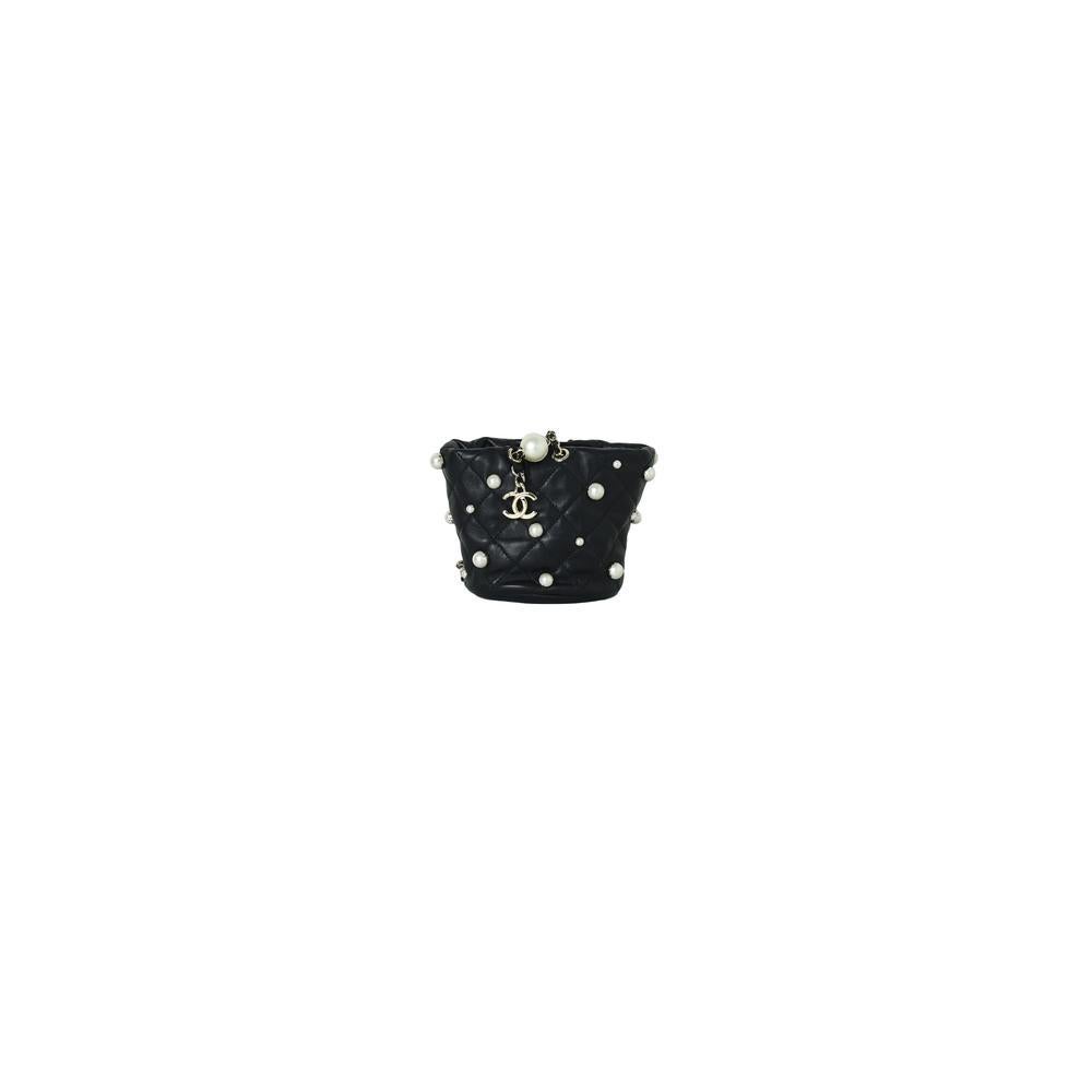 Women's or Men's Chanel Mini Drawstring Pearl Studded Bag Black For Sale