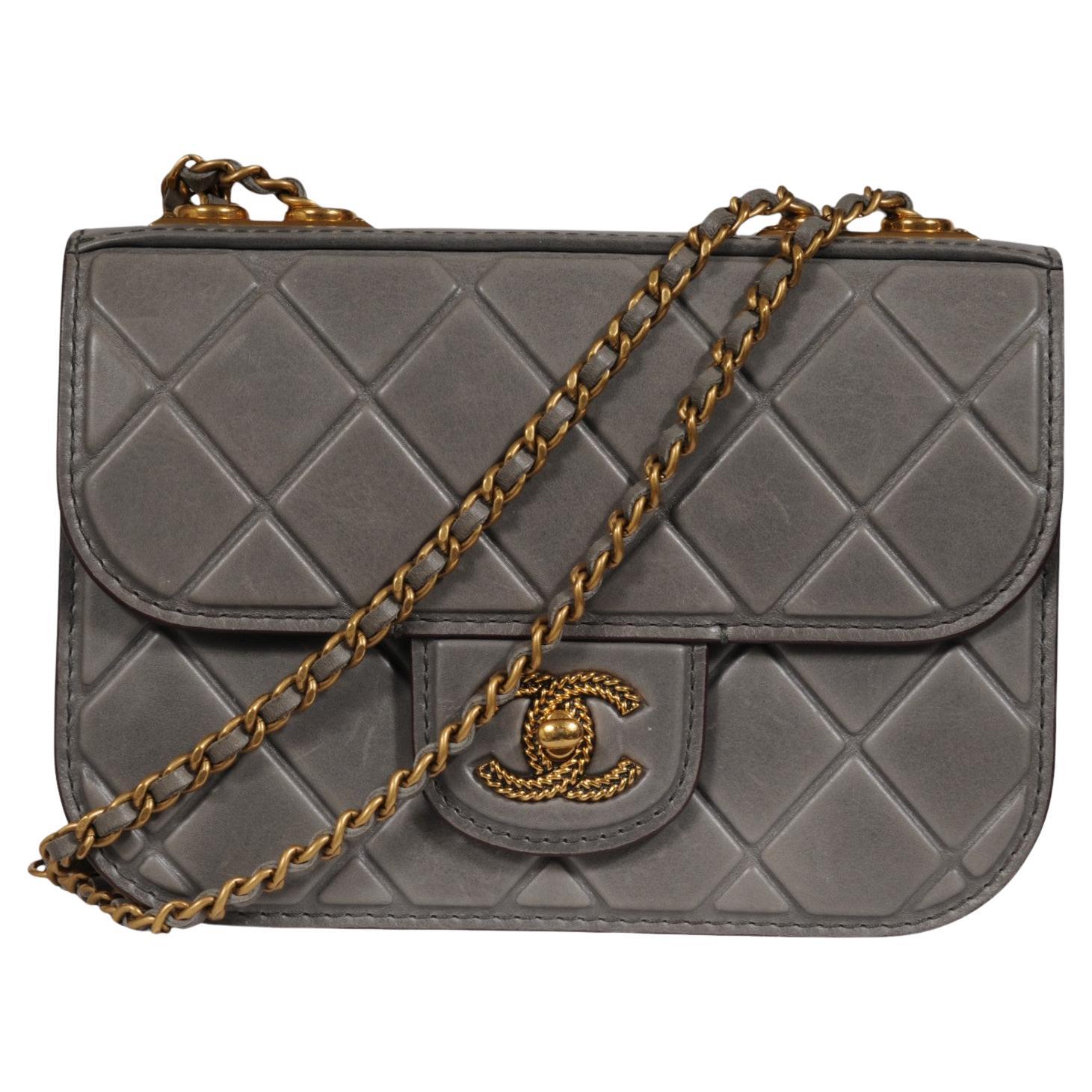 Chanel Mini Flap Bag Grey Debased Aged Calfskin CC Logo Gold Hardware Cross