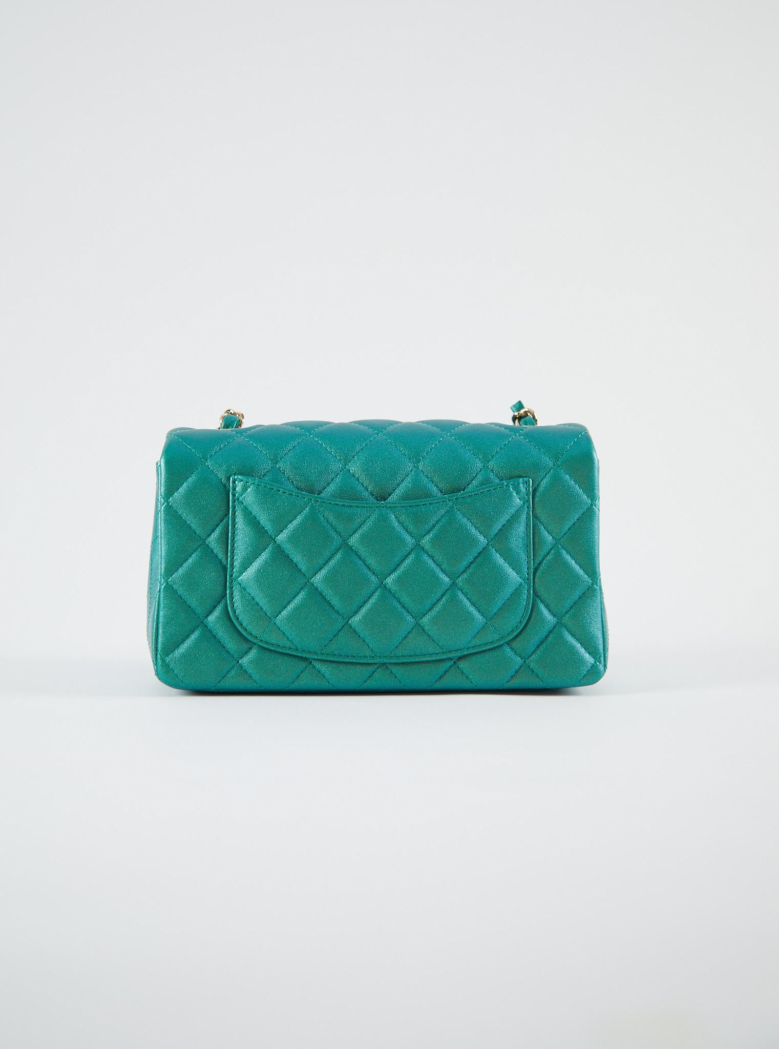 Women's or Men's CHANEL MINI FLAP BAG PEARLESCENT GREEN Lambskin Leather with Champagne Hardware