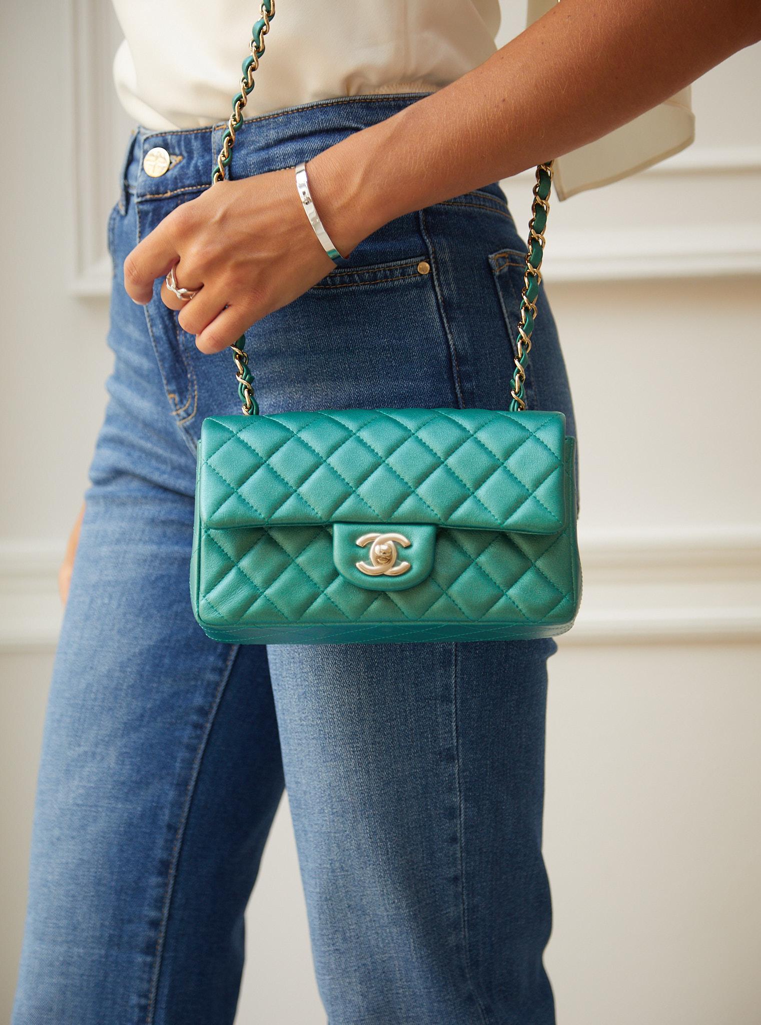 CHANEL MINI FLAP BAG PEARLESCENT GREEN Lambskin Leather with Champagne Hardware 5