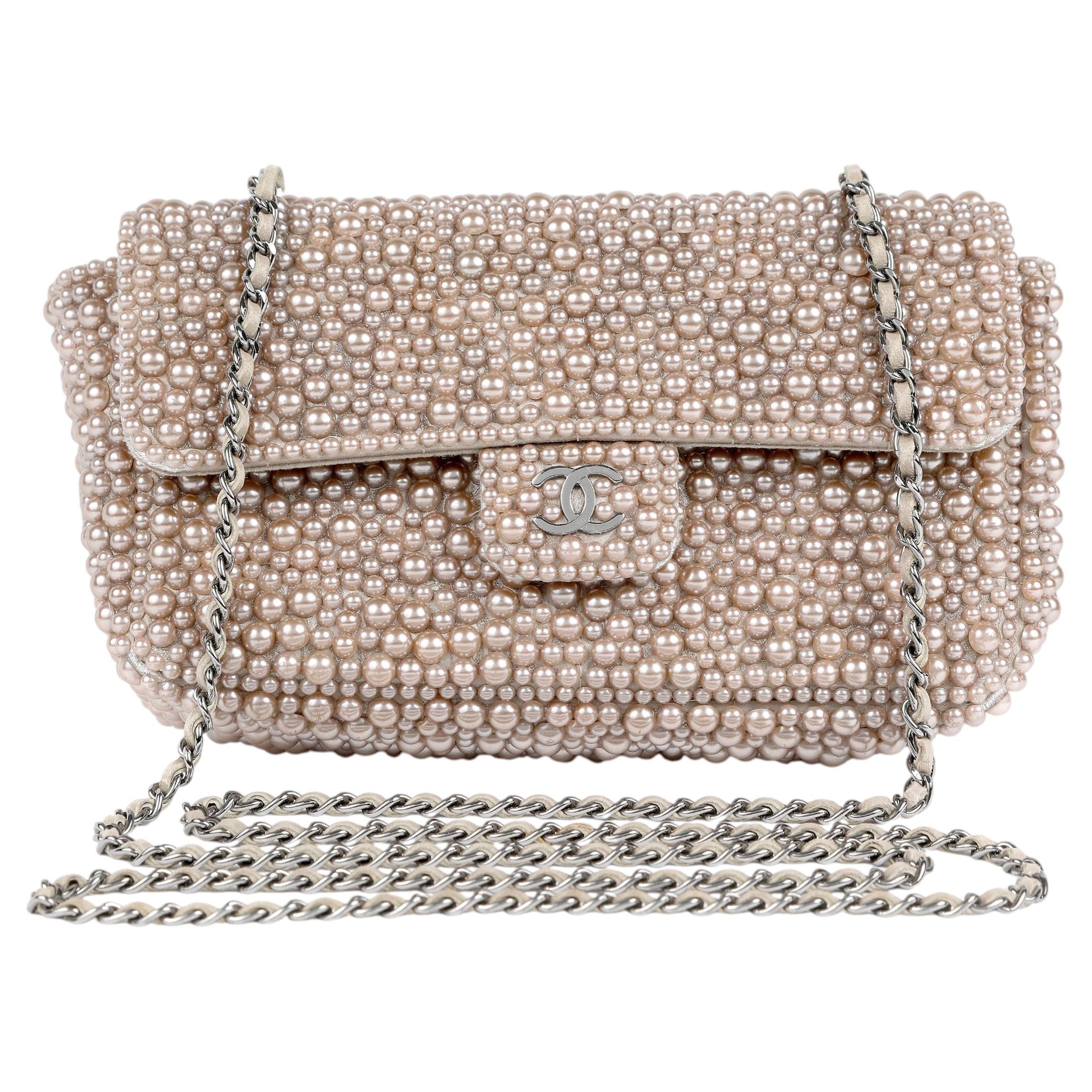 Chanel Mini Flap Bag w/Swarovski Iridescent Beige Pearls and Silver Hardware