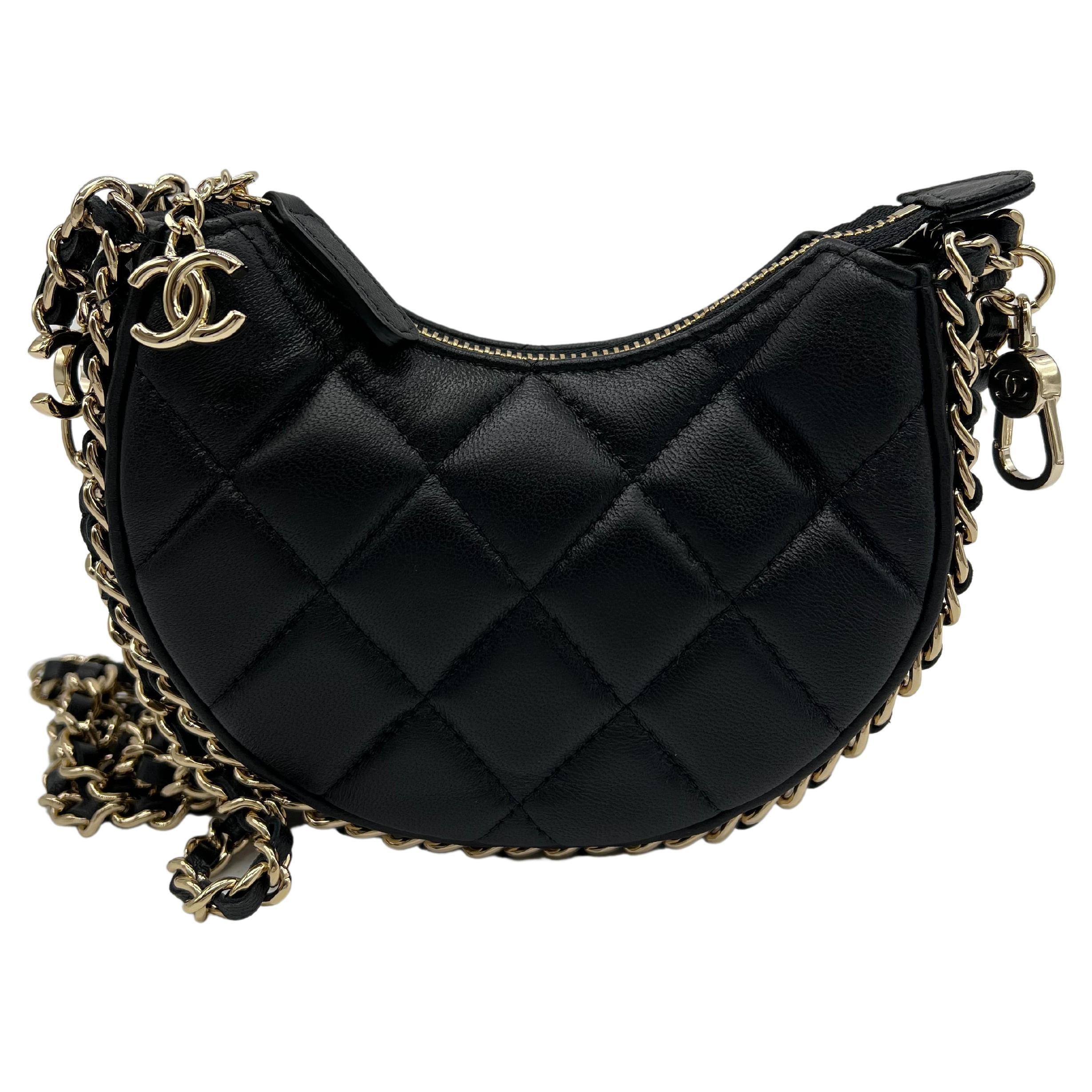 CHANEL MINI HOBO CROISSANT BAG BLACK Lambskin Leather with Shiny Light  Gold-Tone at 1stDibs