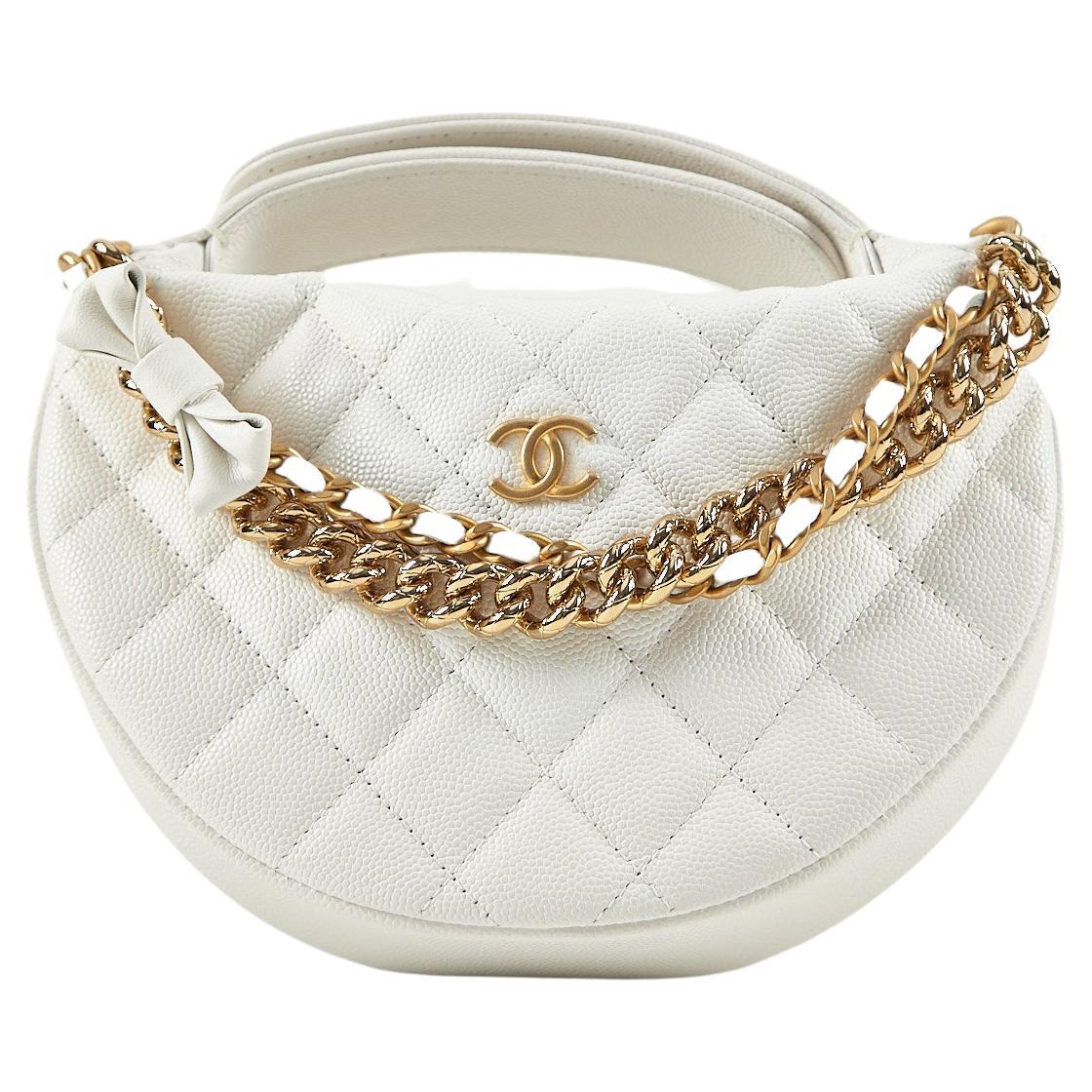 CHANEL MINI LOOP CHANGE PURSE WITH CHAINS WHITE Caviar Leather with Gold-Tone Ha For Sale