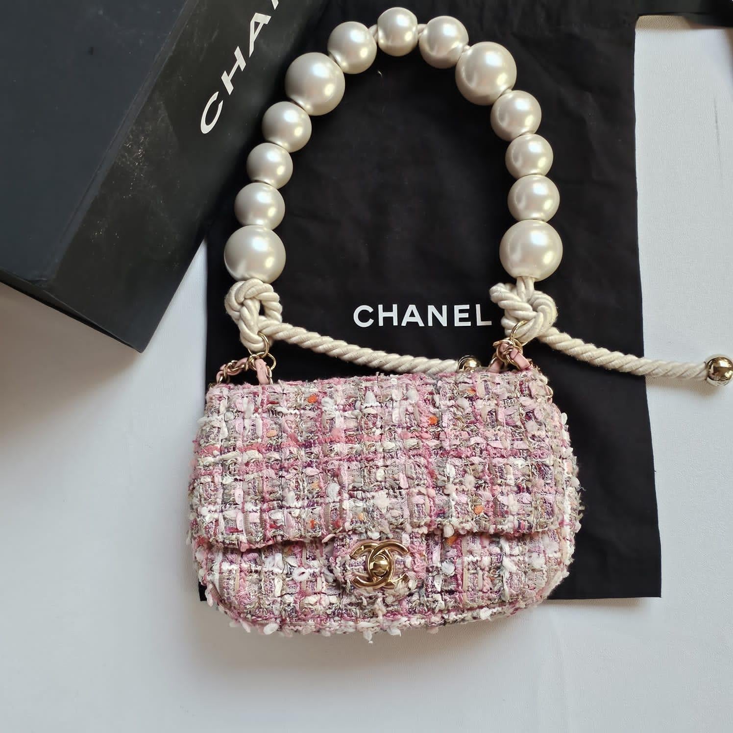 Chanel Mini Pink Tweed By The Sea Pearl Strap Flap Bag For Sale 9