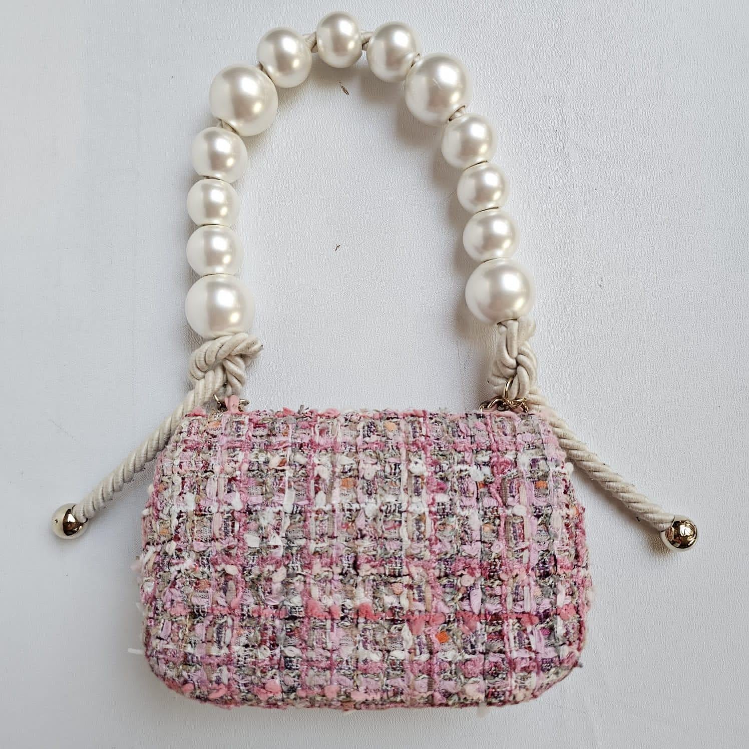 Chanel Mini Pink Tweed By The Sea Pearl Strap Flap Bag For Sale 11