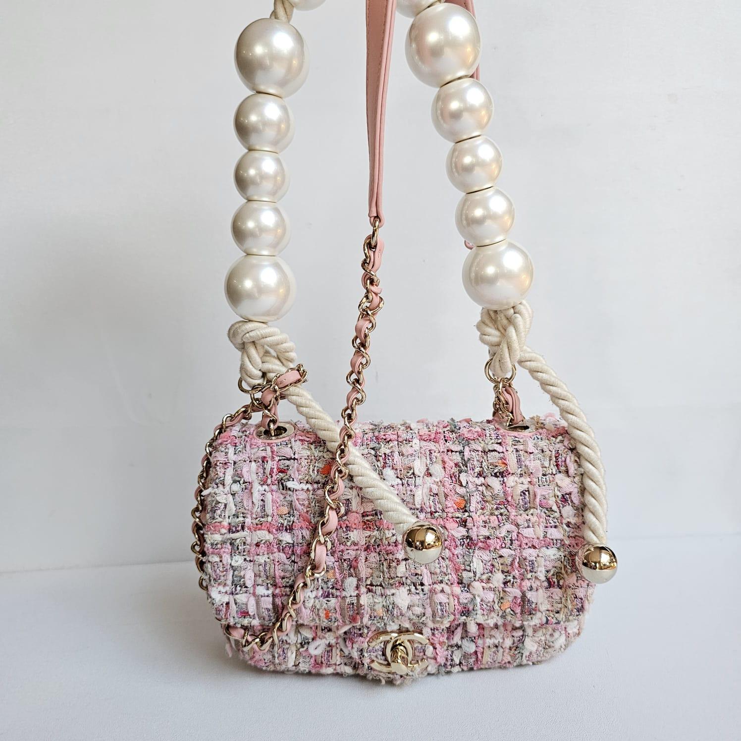 Chanel Mini Pink Tweed By The Sea Pearl Strap Flap Bag In Good Condition For Sale In Jakarta, Daerah Khusus Ibukota Jakarta