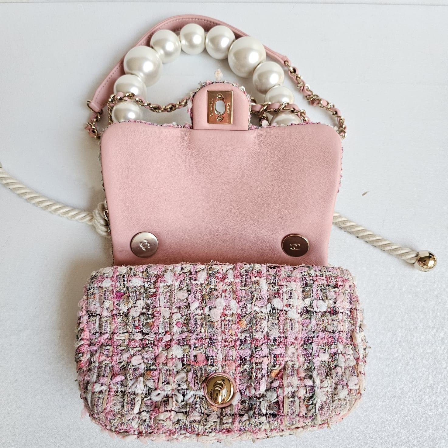 Chanel Mini Pink Tweed By The Sea Pearl Strap Flap Bag For Sale 3