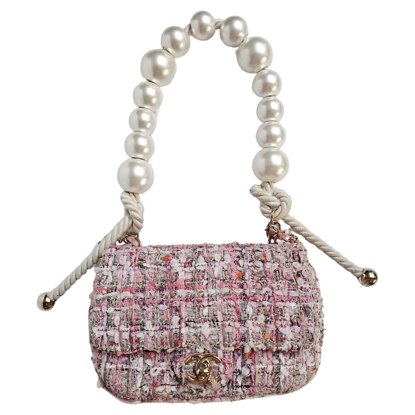 Chanel Mini Pink Tweed By The Sea Pearl Strap Flap Bag For Sale
