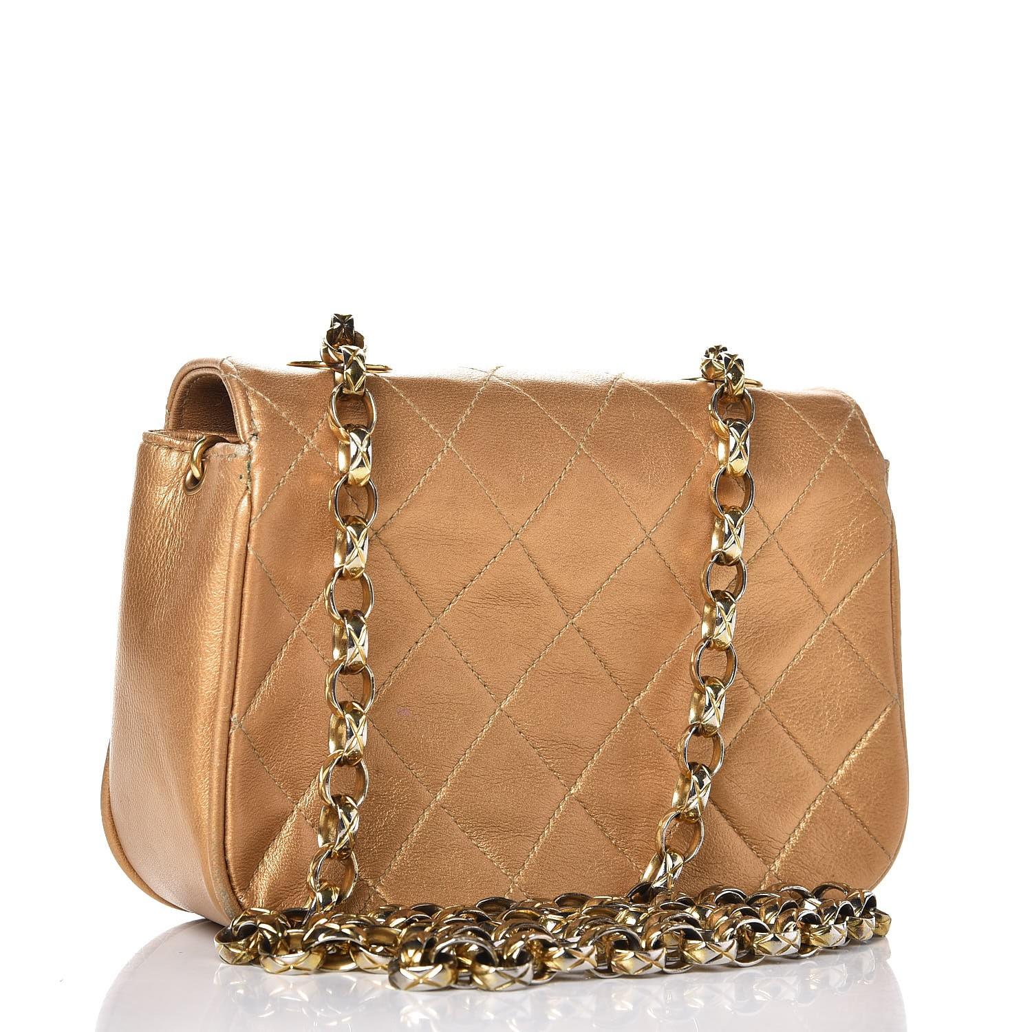 Brown Chanel Mini Quilted Gold Bronze Metallic Lambskin Classic Flap Shoulder Bag For Sale