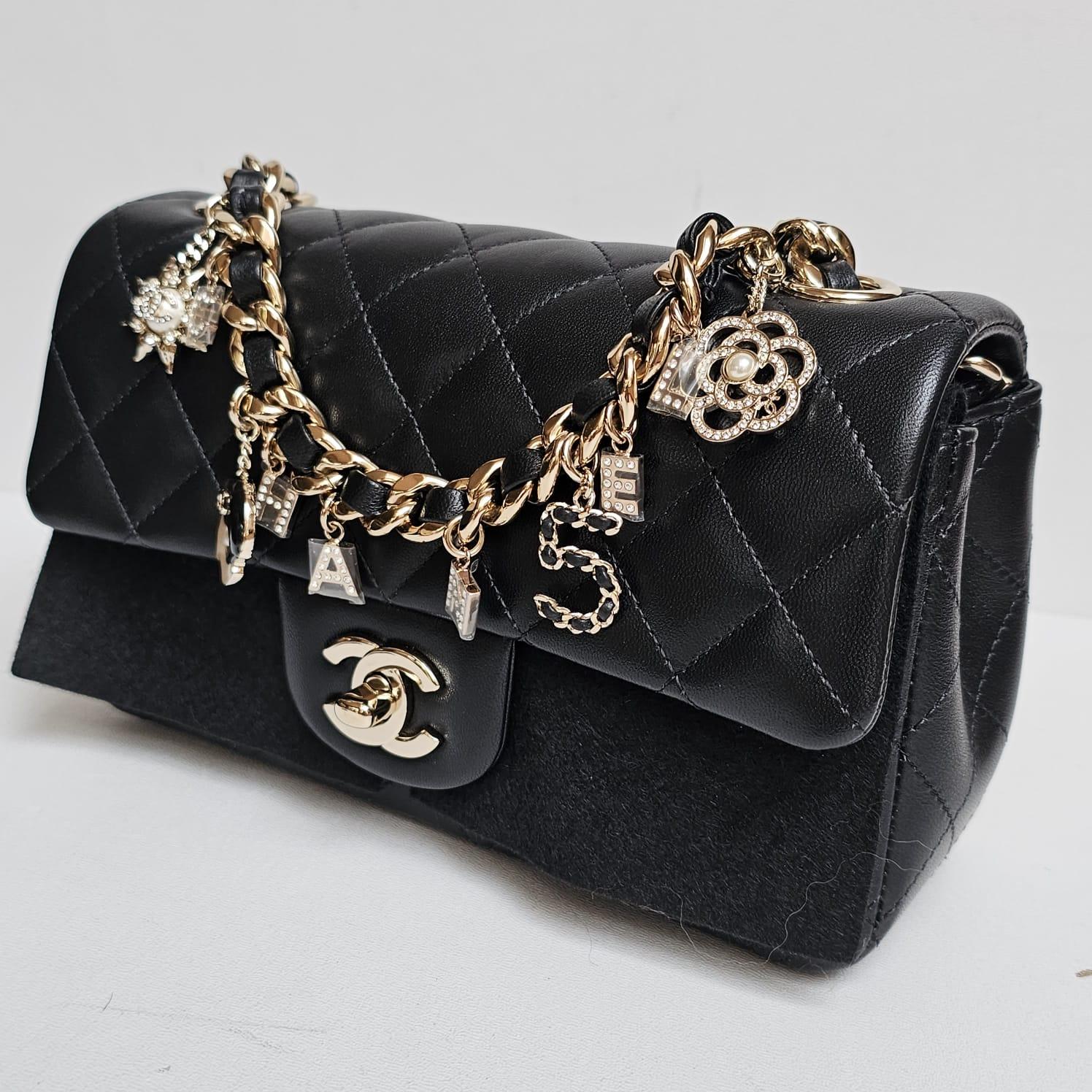 Chanel Mini Rectangle Black Lambskin Charm Flap Bag 11