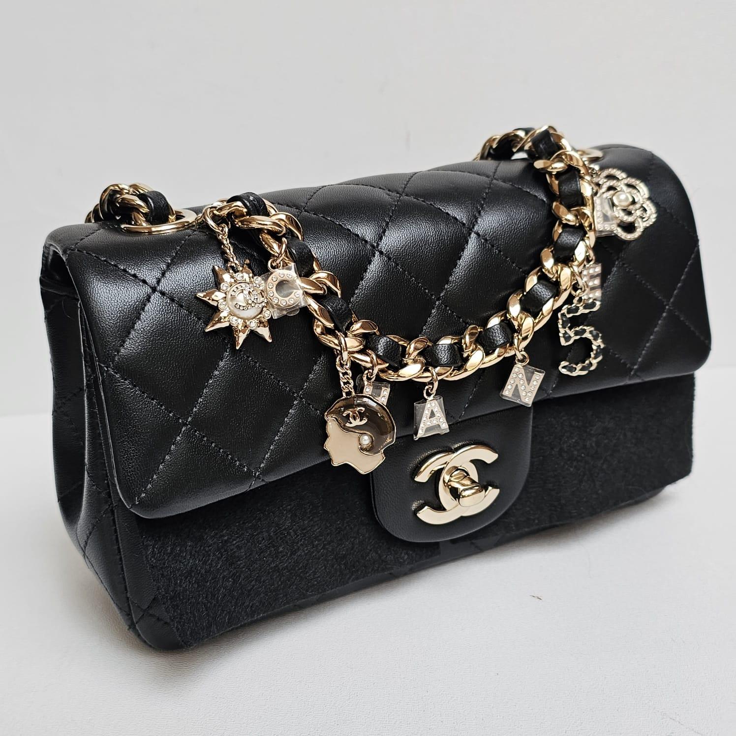 Chanel Mini Rectangle Black Lambskin Charm Flap Bag 12
