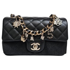 Chanel Mini Rectangle Black Lambskin Charm Flap Bag