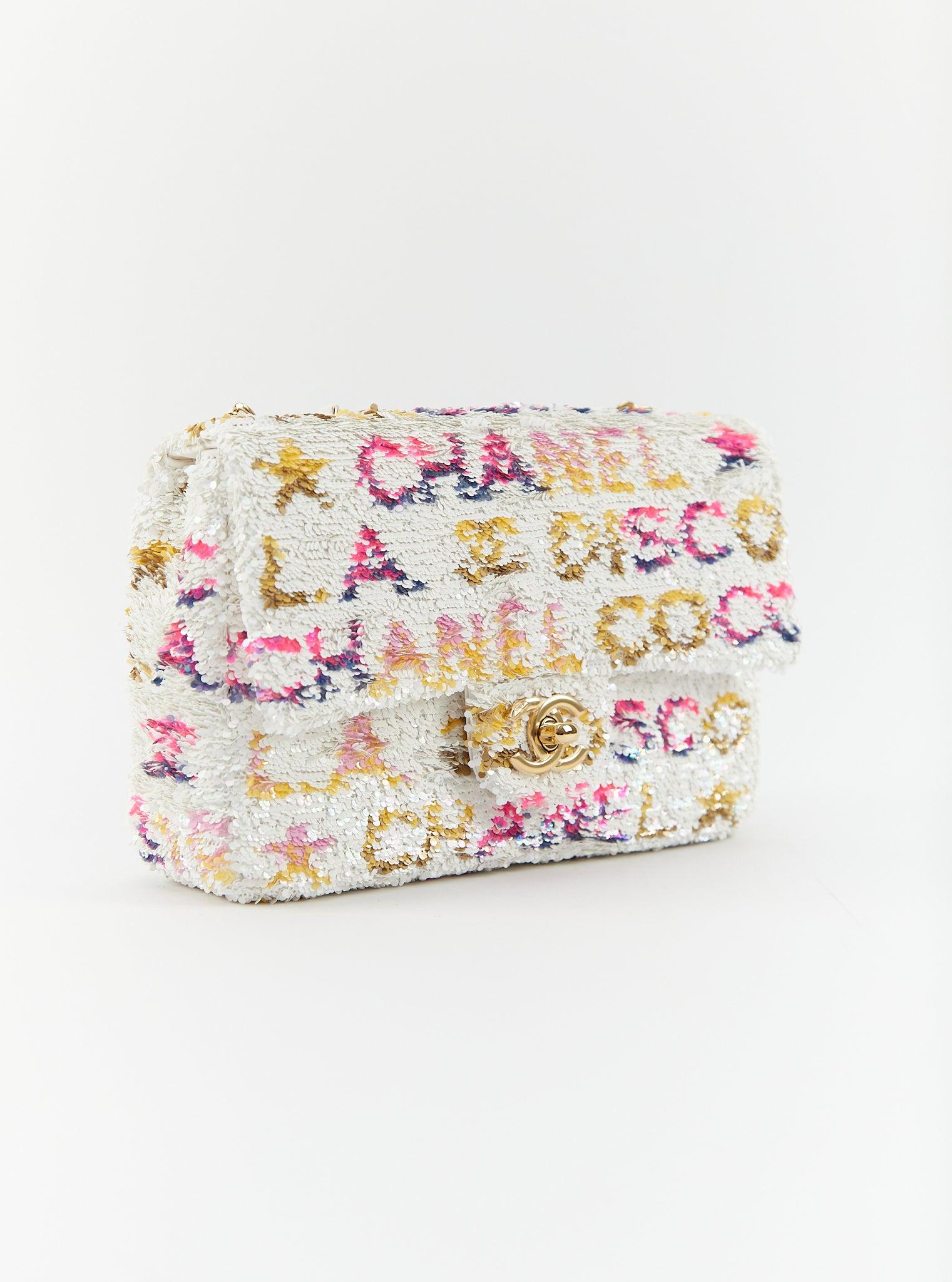 CHANEL MINI RECtangLE DISCO FLAP BAG WHITE, YELLOW & PINK Sequins et cuir de veau esprit Excellent état - En vente à London, GB