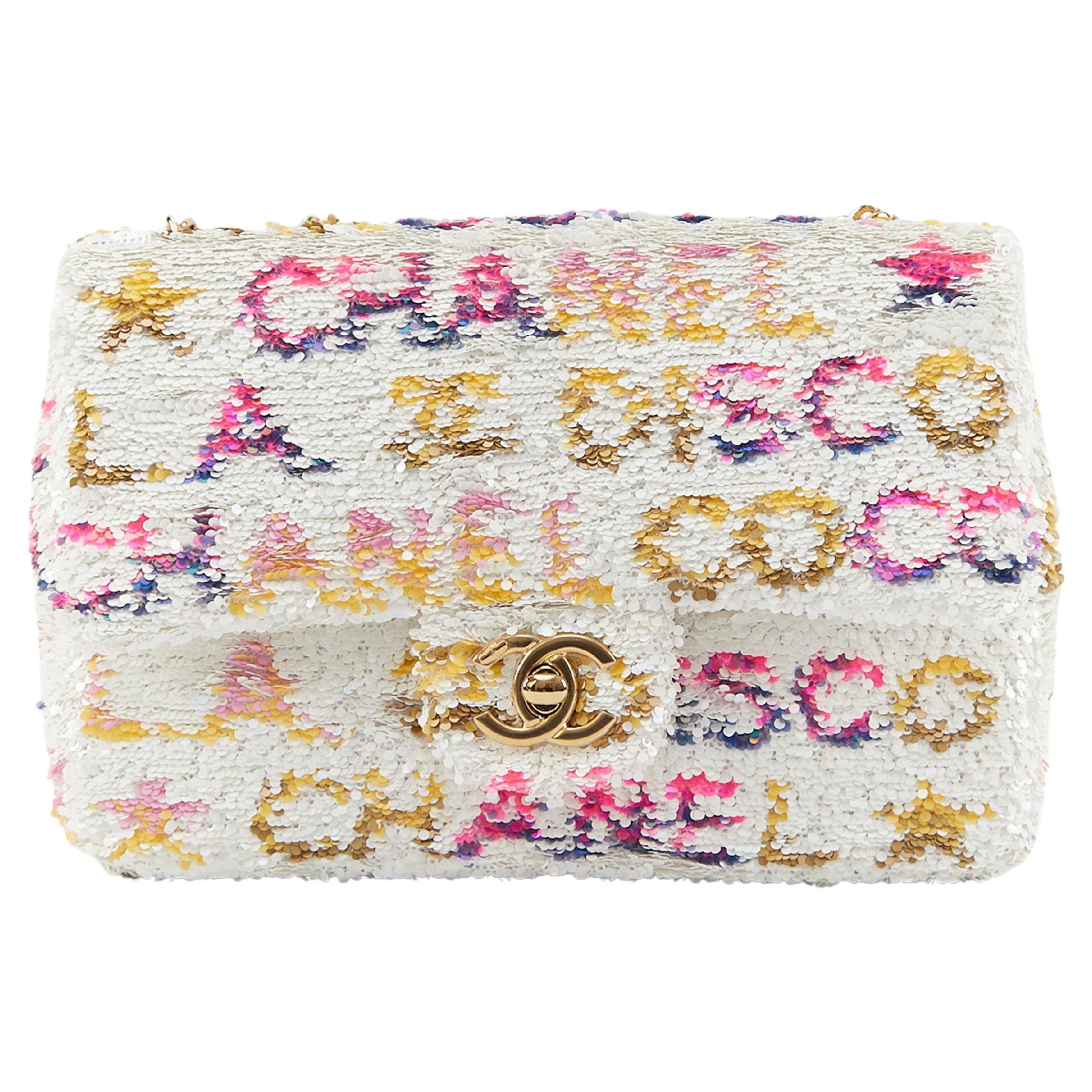 CHANEL MINI RECTANGLE DISCO FLAP BAG WHITE, YELLOW & PINK Sequins & Calfskin wit For Sale