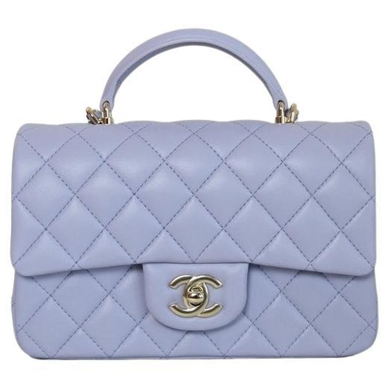 CHANEL Mini Top Handle Rectangular Flap Lambskin Crossbody Bag Purple