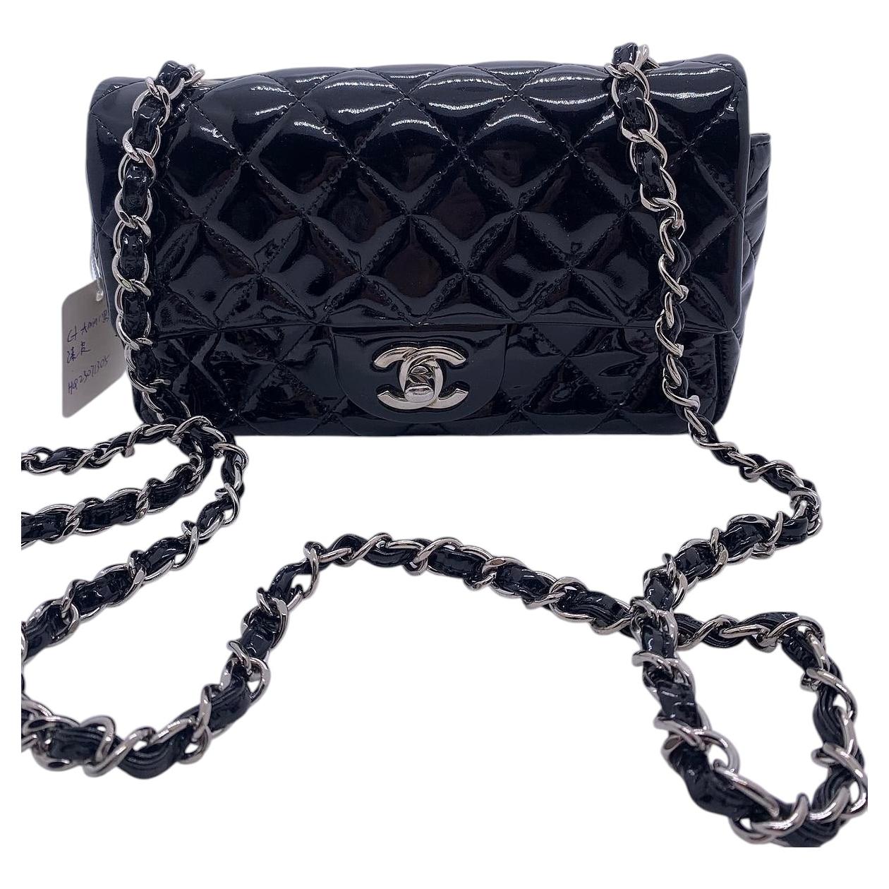 Chanel Mini Rectangular Patent Leather Silver HW Bag For Sale