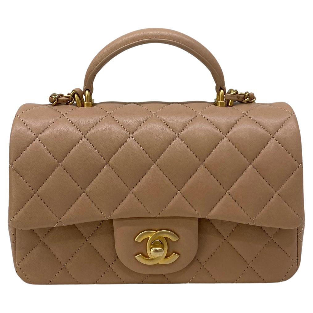 Chanel Mini Rectangular Top Handle Beige Flap Bag GHW