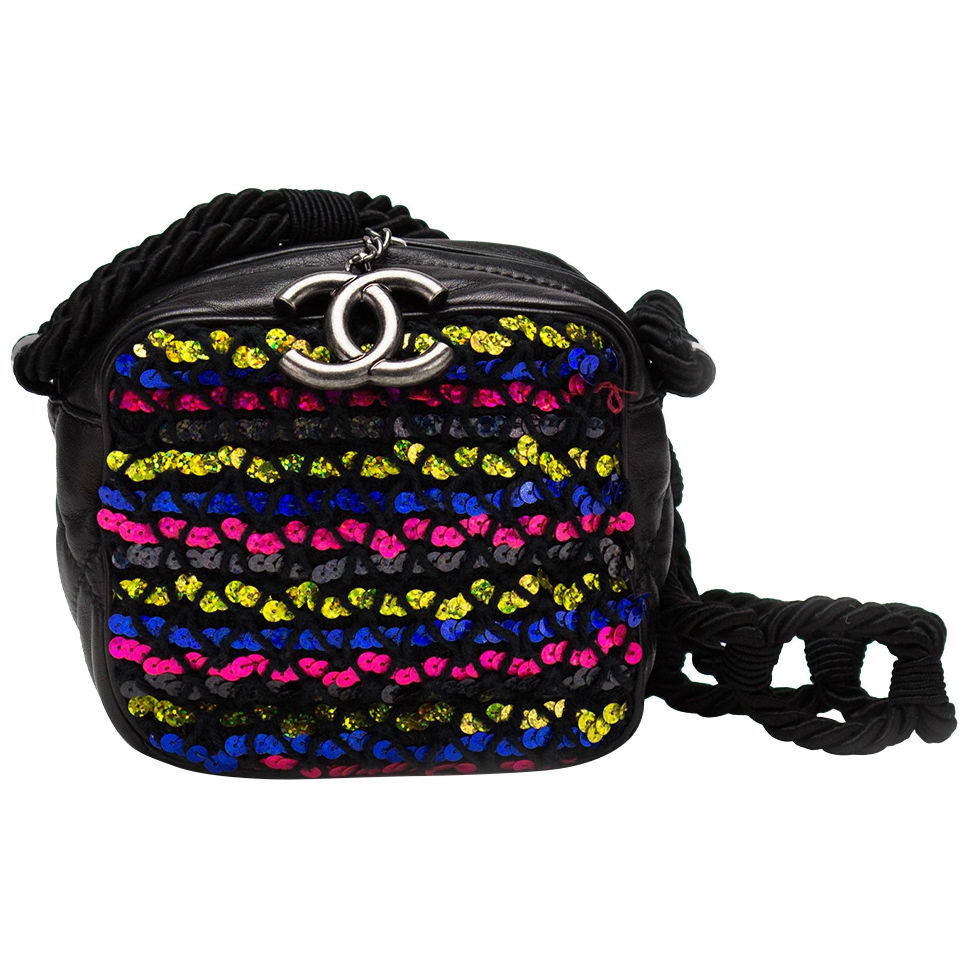 Chanel Mini Sequin Rainbow Lambskin Leather Quilted Camera Crossbody Tote In Good Condition For Sale In Miami, FL