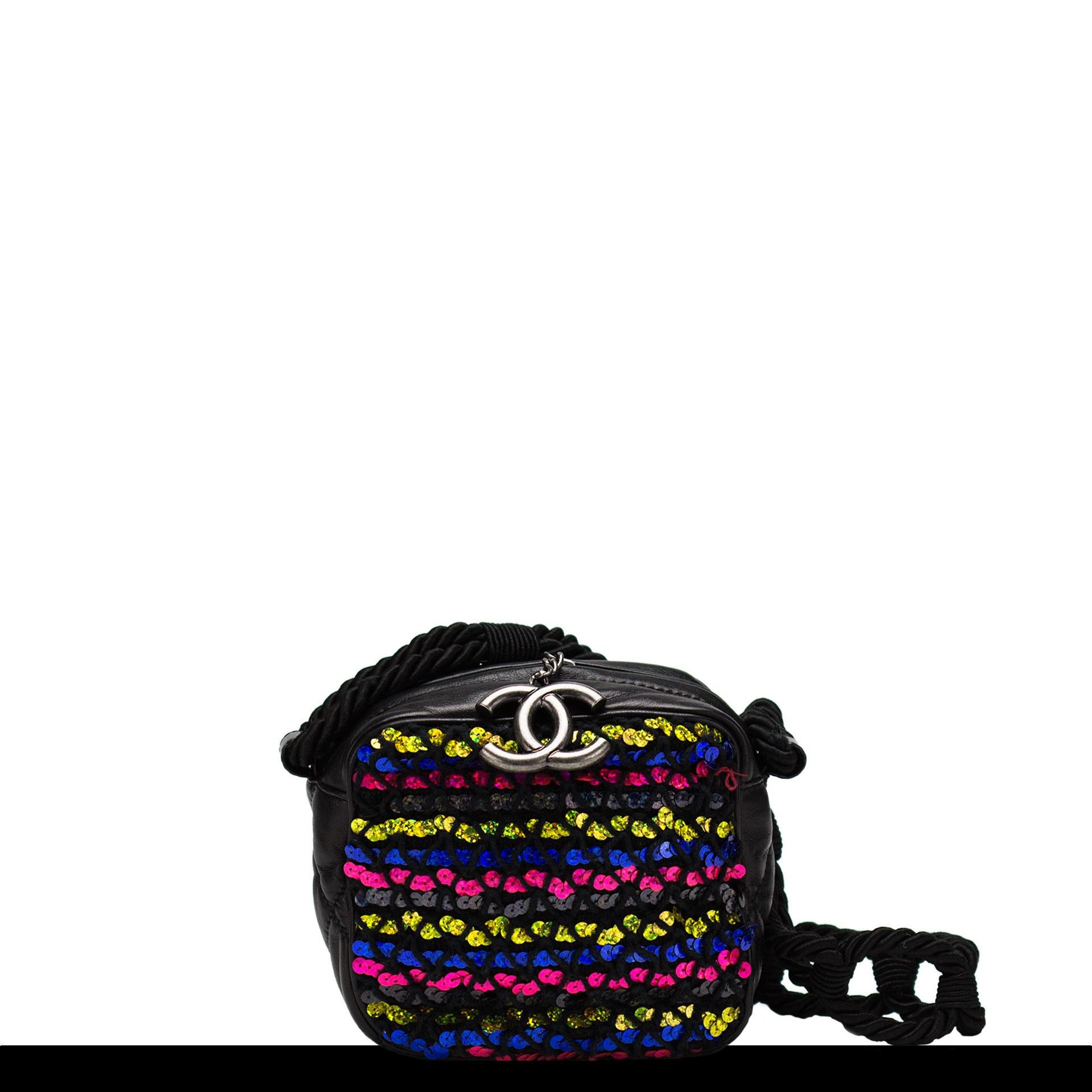 Women's or Men's Chanel Mini Sequin Rainbow Lambskin Leather Quilted Camera Crossbody Tote For Sale