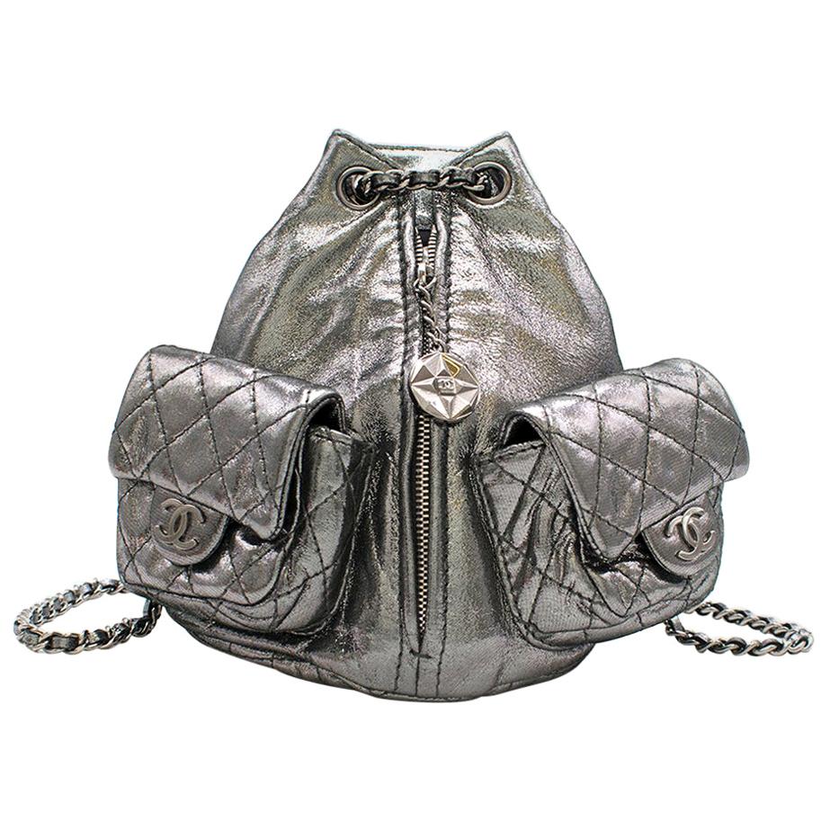 Chanel Mini Silver Split-Zip Backpack	 For Sale