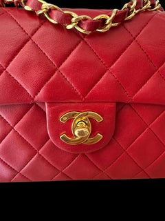 Chanel Mini Square 17cm Red Leather Classic Flap Shoulder Bag Crossbody