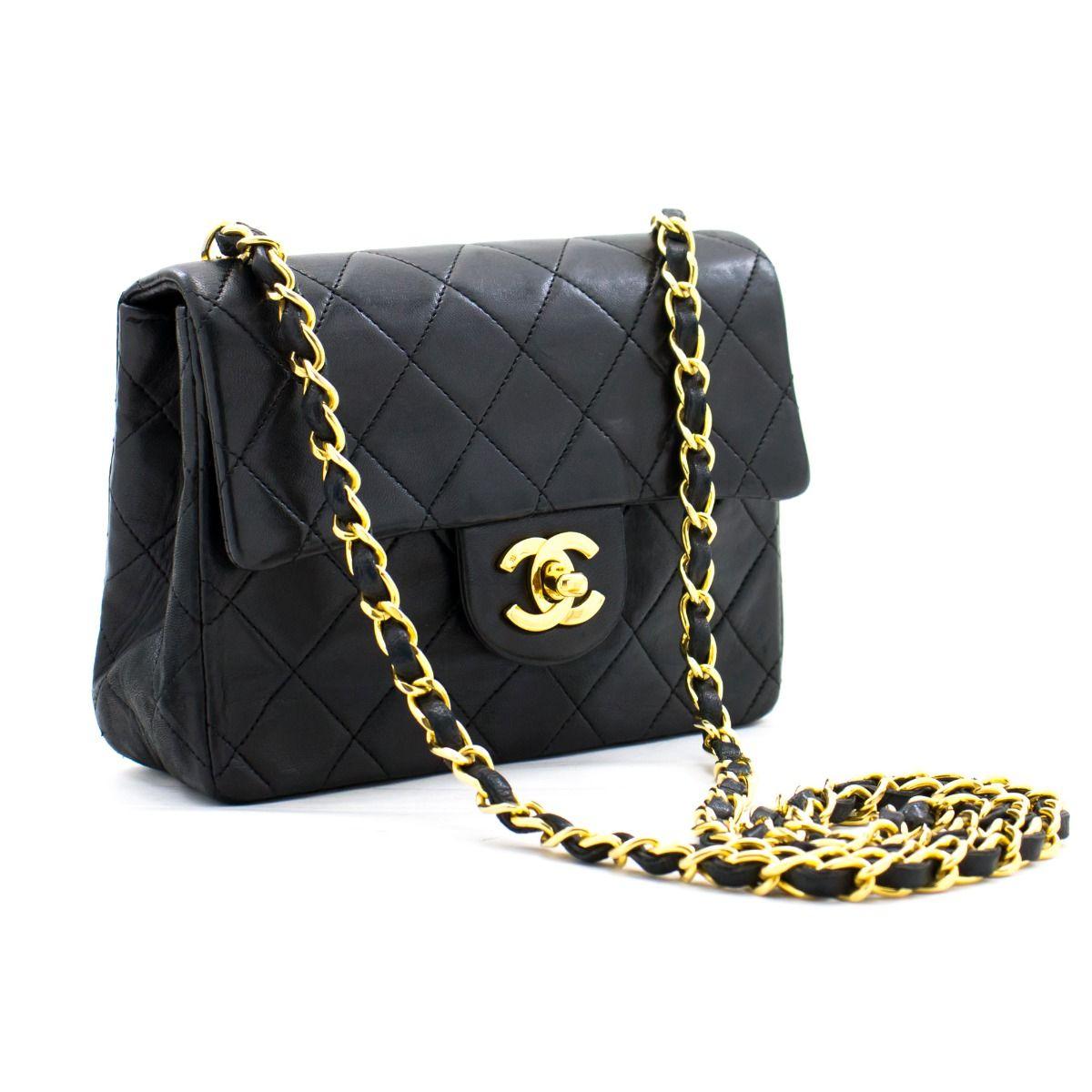 Looking for a classic that will never go out of style? Look no further. 

This iconic Mini Square Chanel bag is crafted from quilted black lambskin. On the front flap there is the classic CC logo twist lock, and on the second flap a stud closure