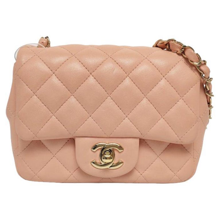 Chanel Mini Square Classic Flap Almond Pink Lambskin Leather Gold-tone Hardware For Sale