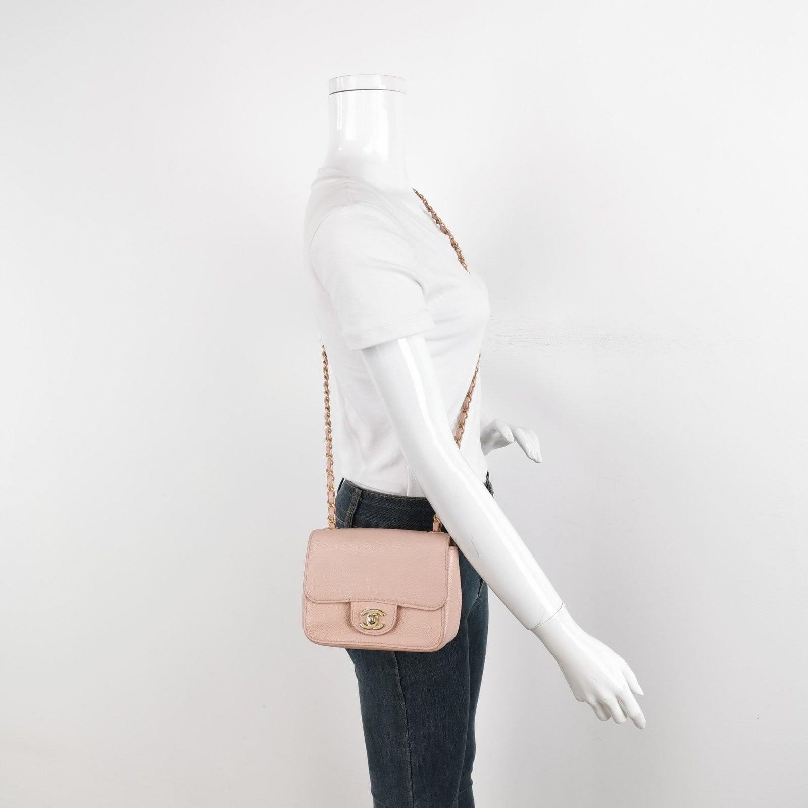 Chanel Mini Square Classic Flap Pink Caviar Leather with Gold-tone Hardware
These are professional photos of the actual bag.
  This one-of-a-kind Chanel Classic Flap bag exudes sophistication and timeless elegance. Crafted from luxurious pink caviar
