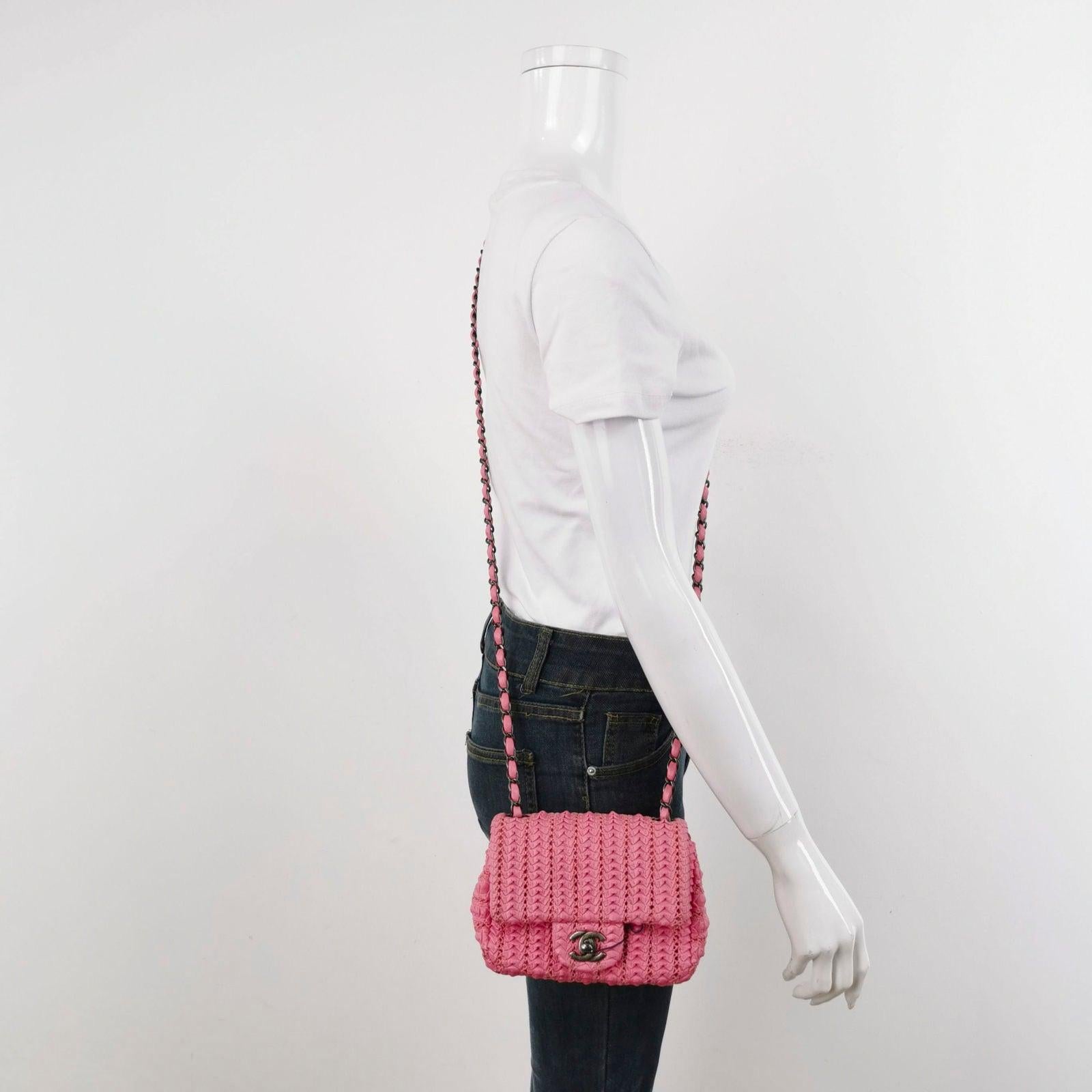Chanel Mini Square Classic Flap Pink CC Paris Seoul Crochet Leather
  These are professional photos of the actual bag.
  This one-of-a-kind Chanel Classic Flap bag exudes sophistication and timeless elegance. Crafted from luxurious pink lambskin