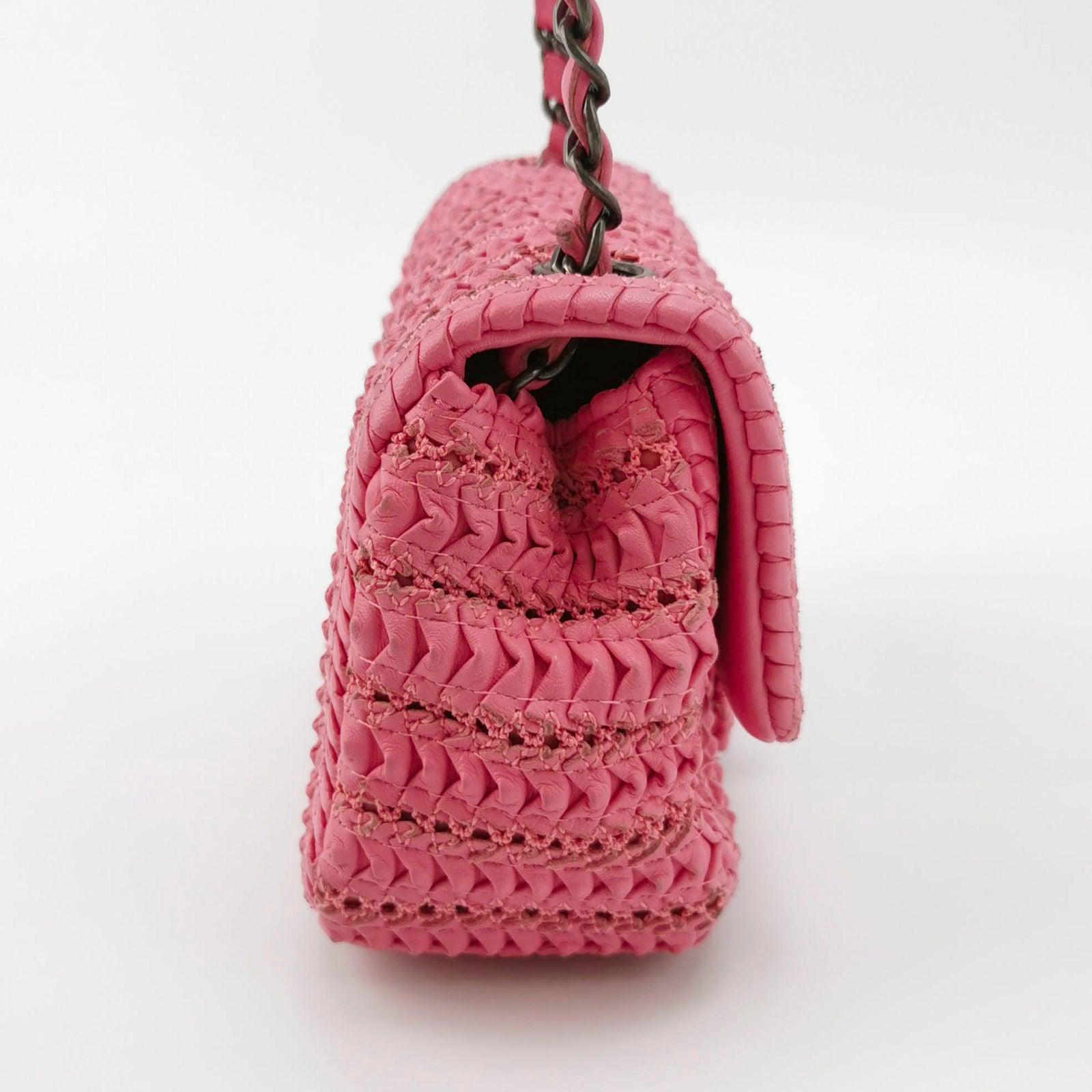 Women's Chanel Mini Square Classic Flap Pink CC Paris Seoul Crochet Leather