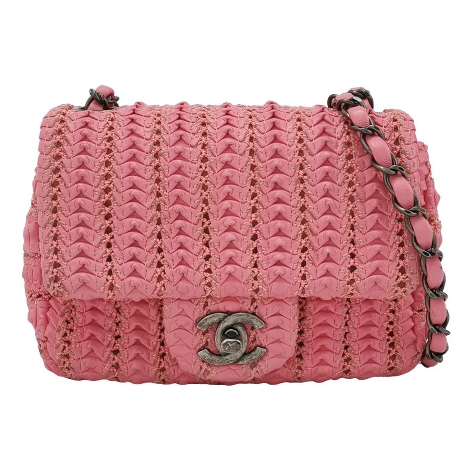 Chanel Mini Square Classic Flap Pink CC Paris Seoul Crochet Leather