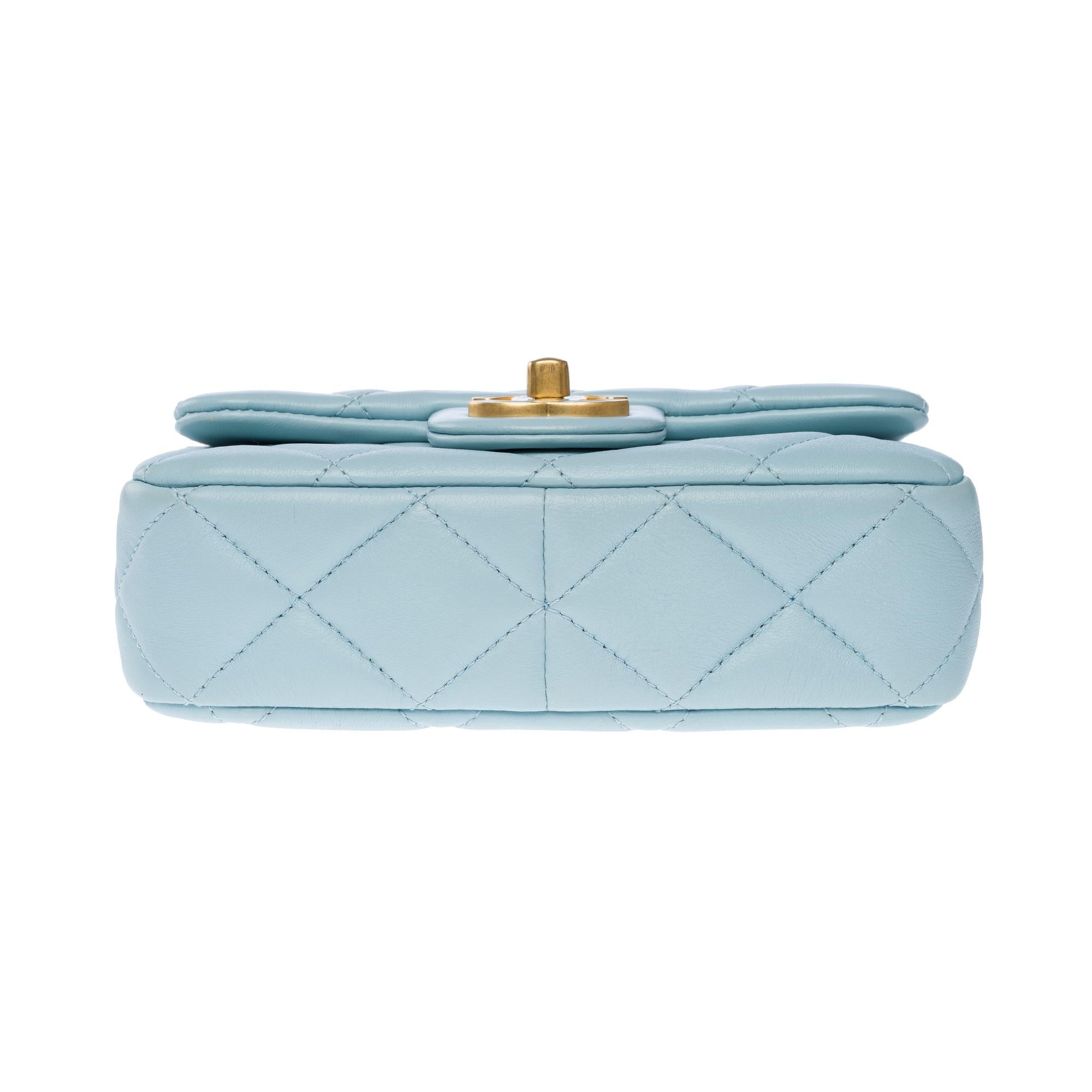 Chanel Mini Square flap shoulder bag in light blue lambskin Enamel, AGHW 5