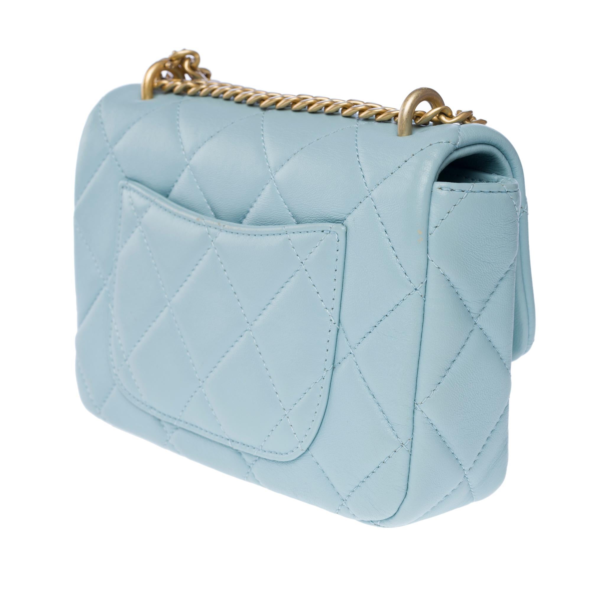 Women's Chanel Mini Square flap shoulder bag in light blue lambskin Enamel, AGHW