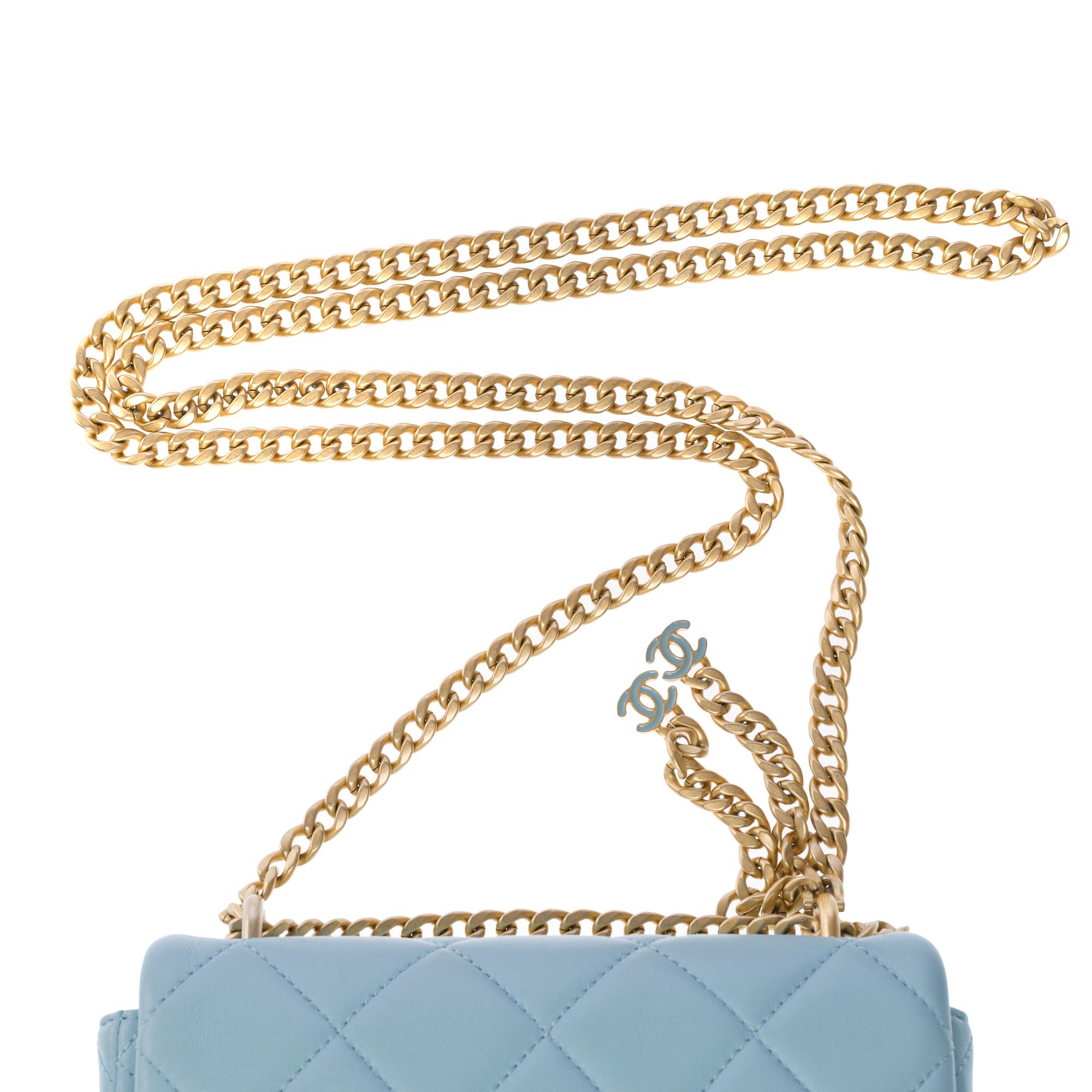 Chanel Mini Square flap shoulder bag in light blue lambskin Enamel, AGHW 4