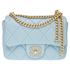 Chanel Mini Square flap shoulder bag in light blue lambskin Enamel, AGHW