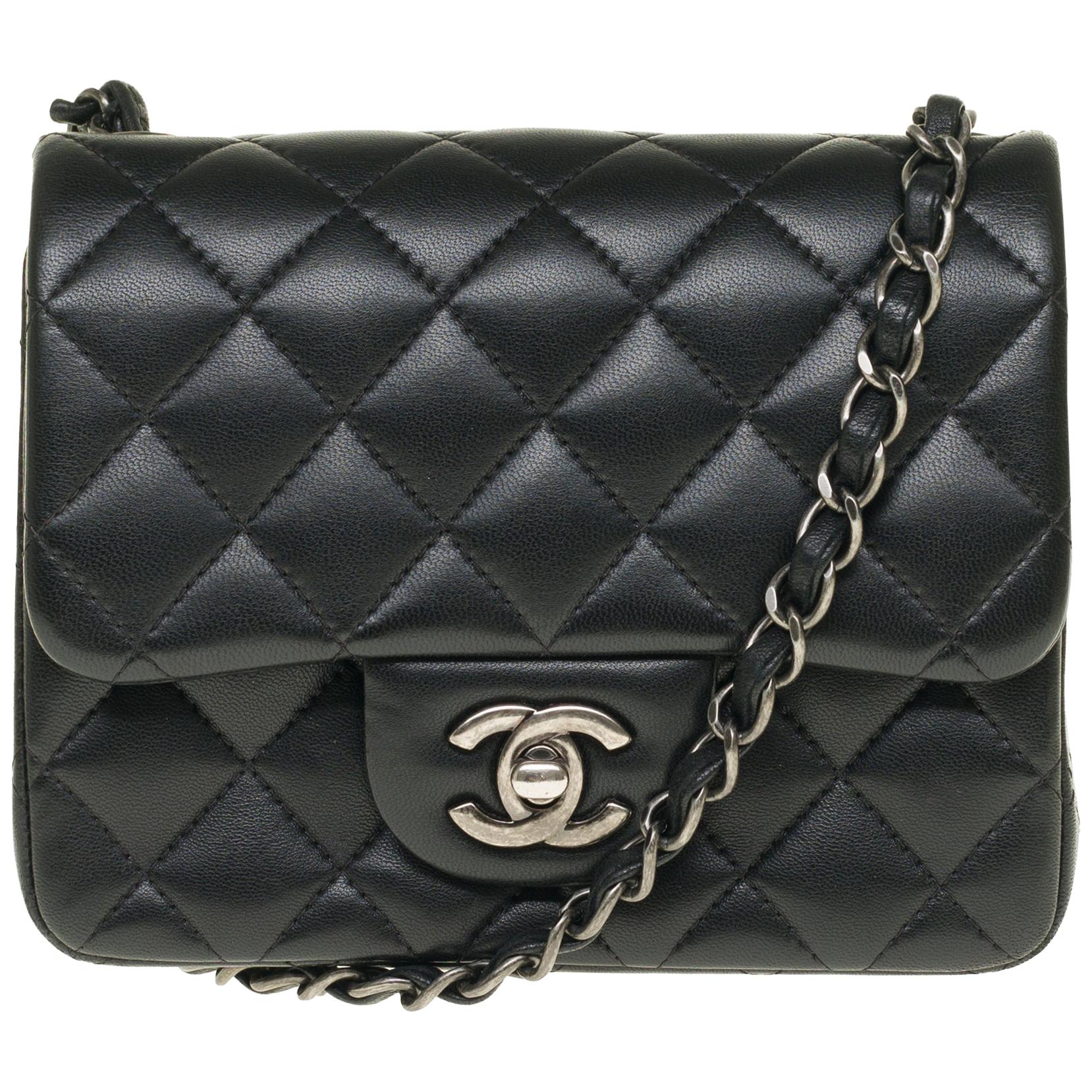 Chanel Mini square handbag in black quilted leather, Silver hardware
