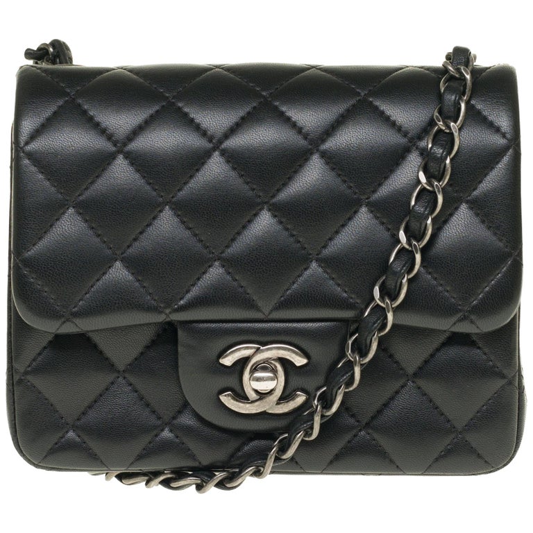Chanel Mini square handbag in black quilted leather, Silver hardware at  1stDibs