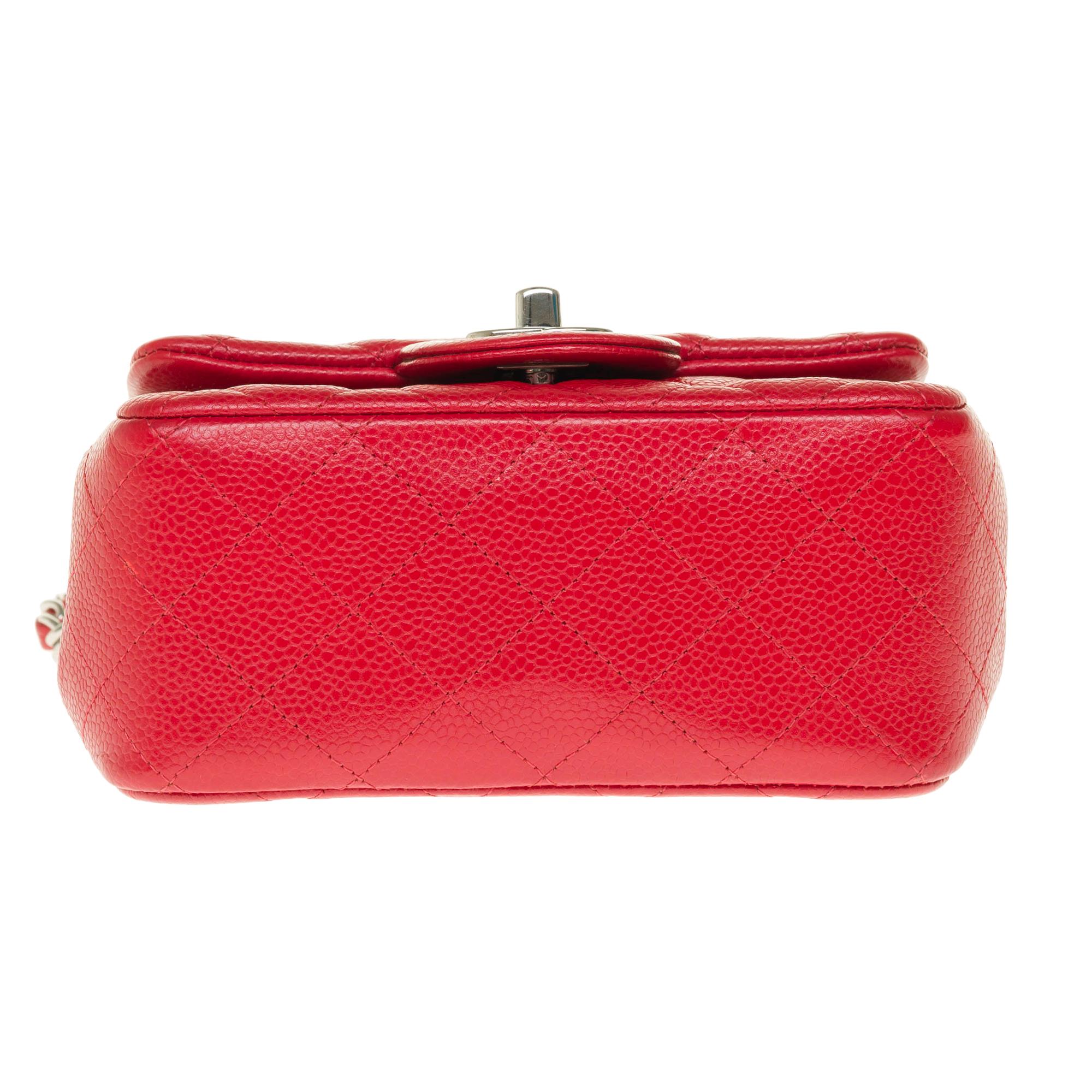 Chanel Mini square handbag in red caviar quilted leather, Silver hardware 2