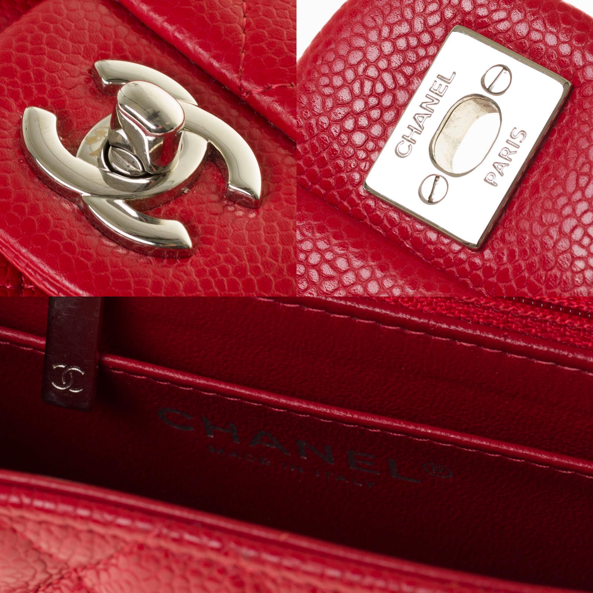 Red Chanel Mini square handbag in red caviar quilted leather, Silver hardware