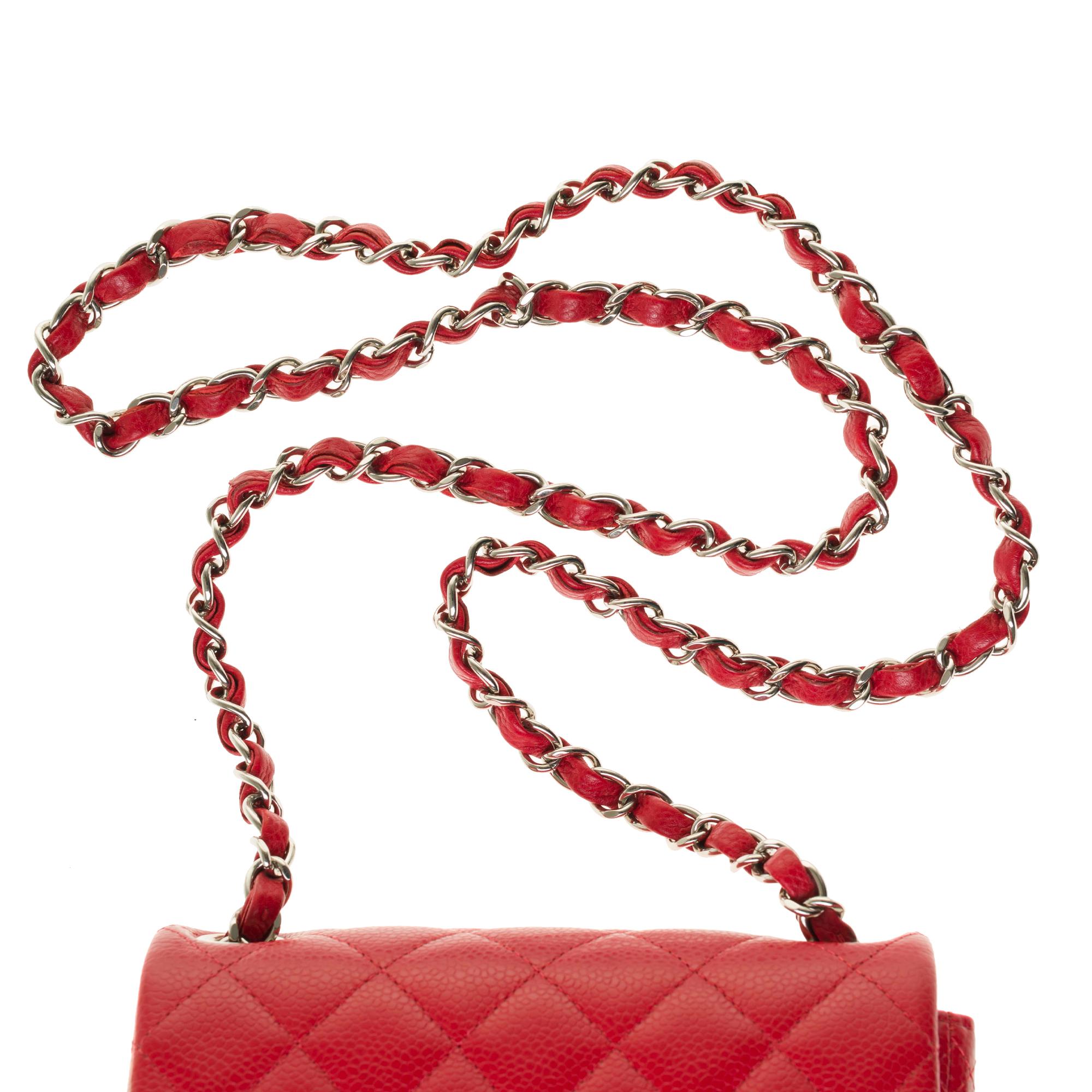 Chanel Mini square handbag in red caviar quilted leather, Silver hardware 1